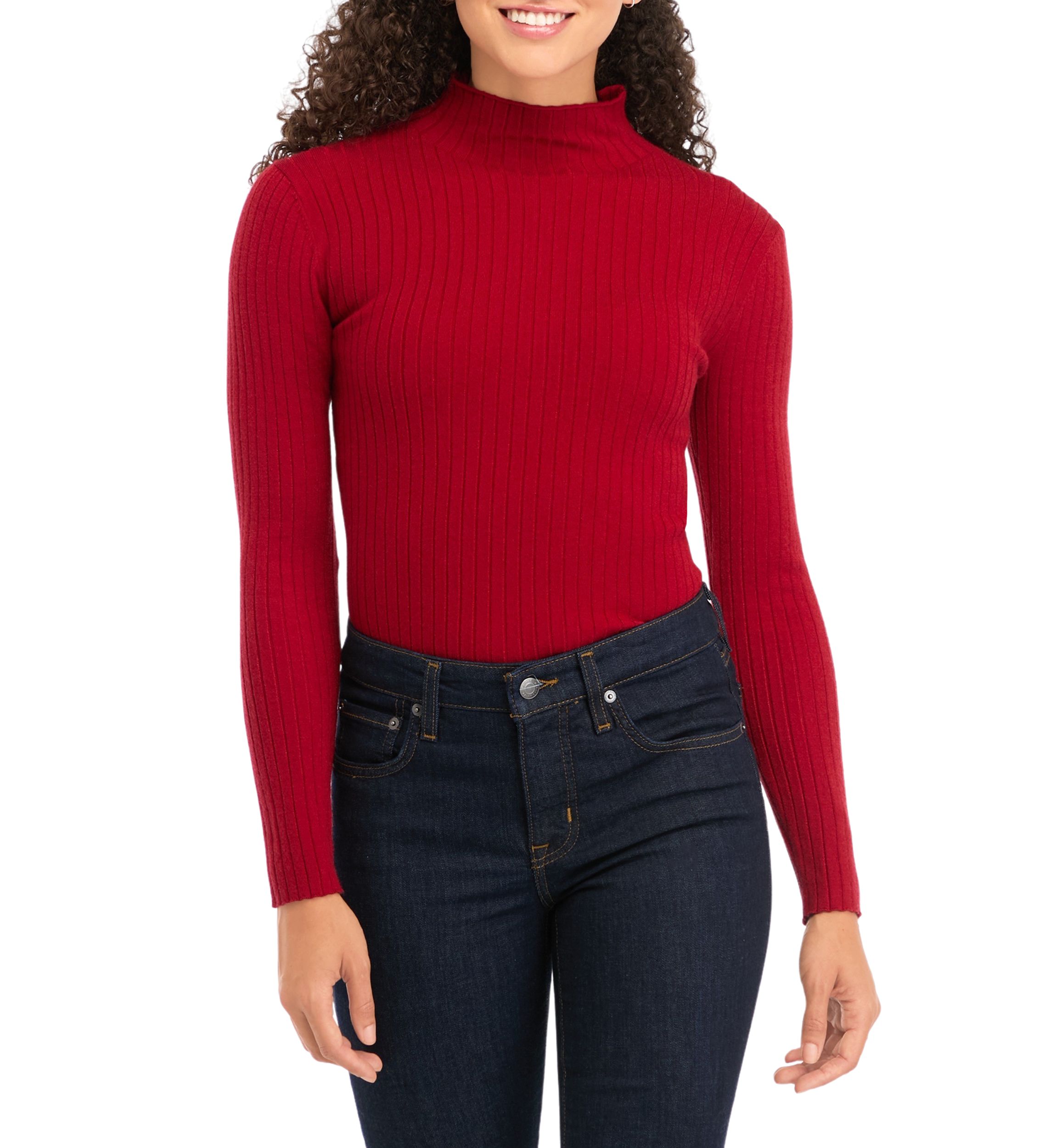 Petite Long Sleeve Mock Neck Ribbed Pullover