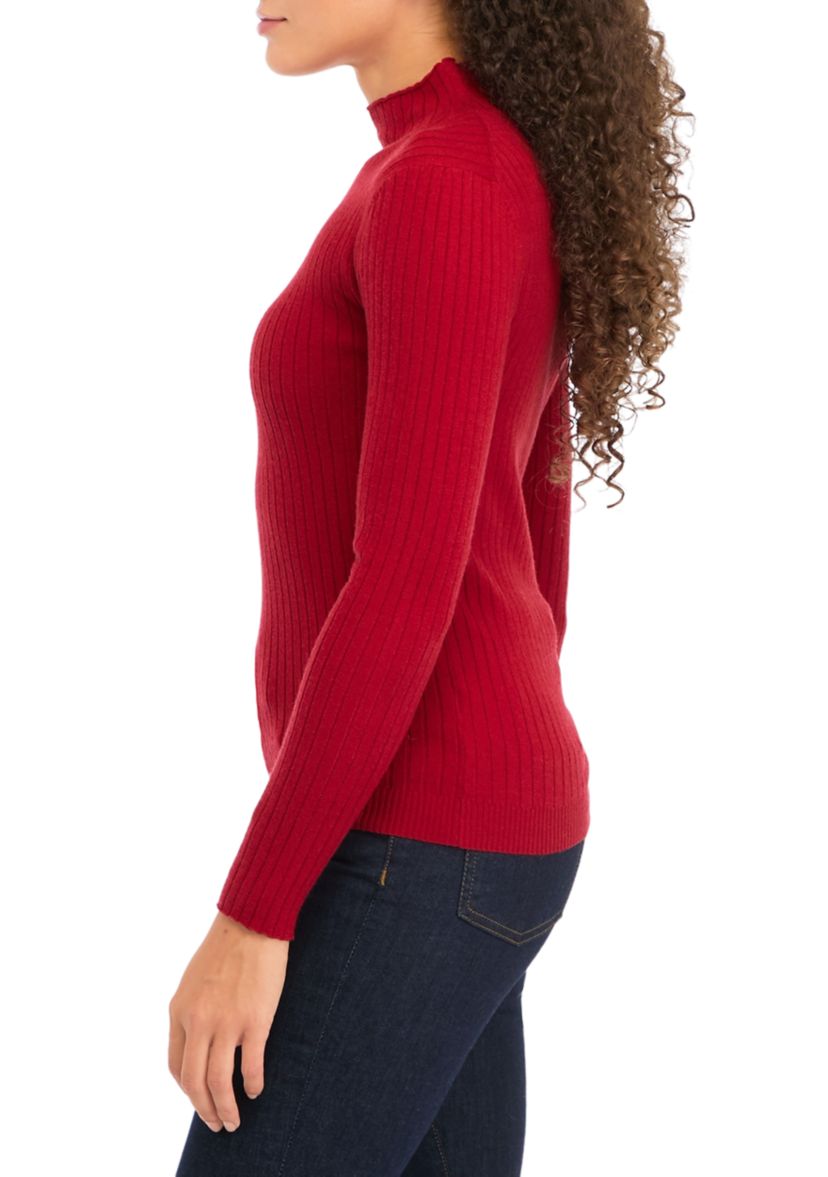 Petite Long Sleeve Mock Neck Ribbed Pullover