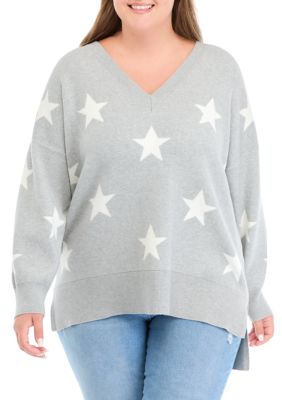 PHILOSOPHY BY REPUBLIC Women's Plus Size Star Printed Sweater, Grey, 3X