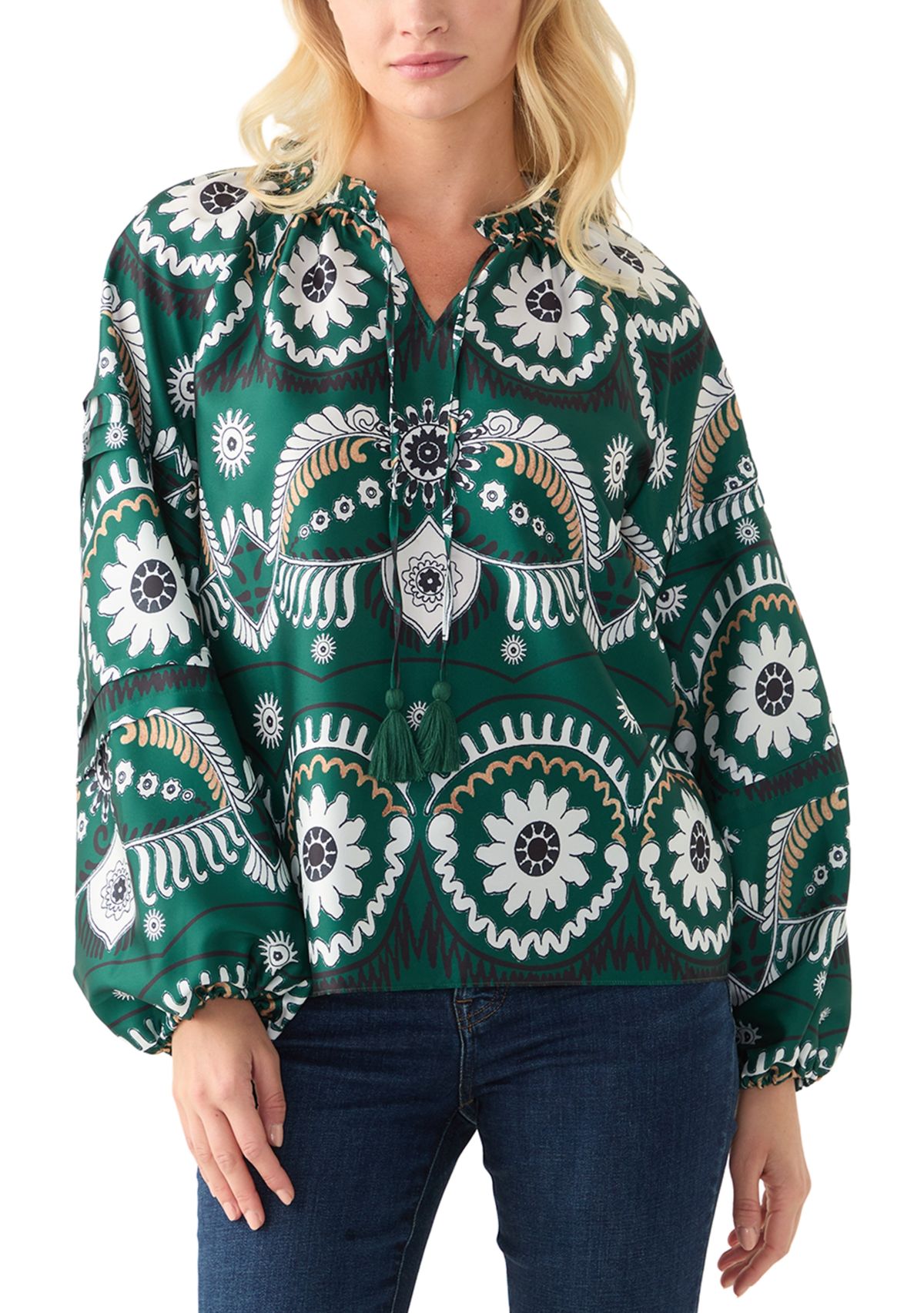 Womens Long Sleeve Split Neck Printed Blouse