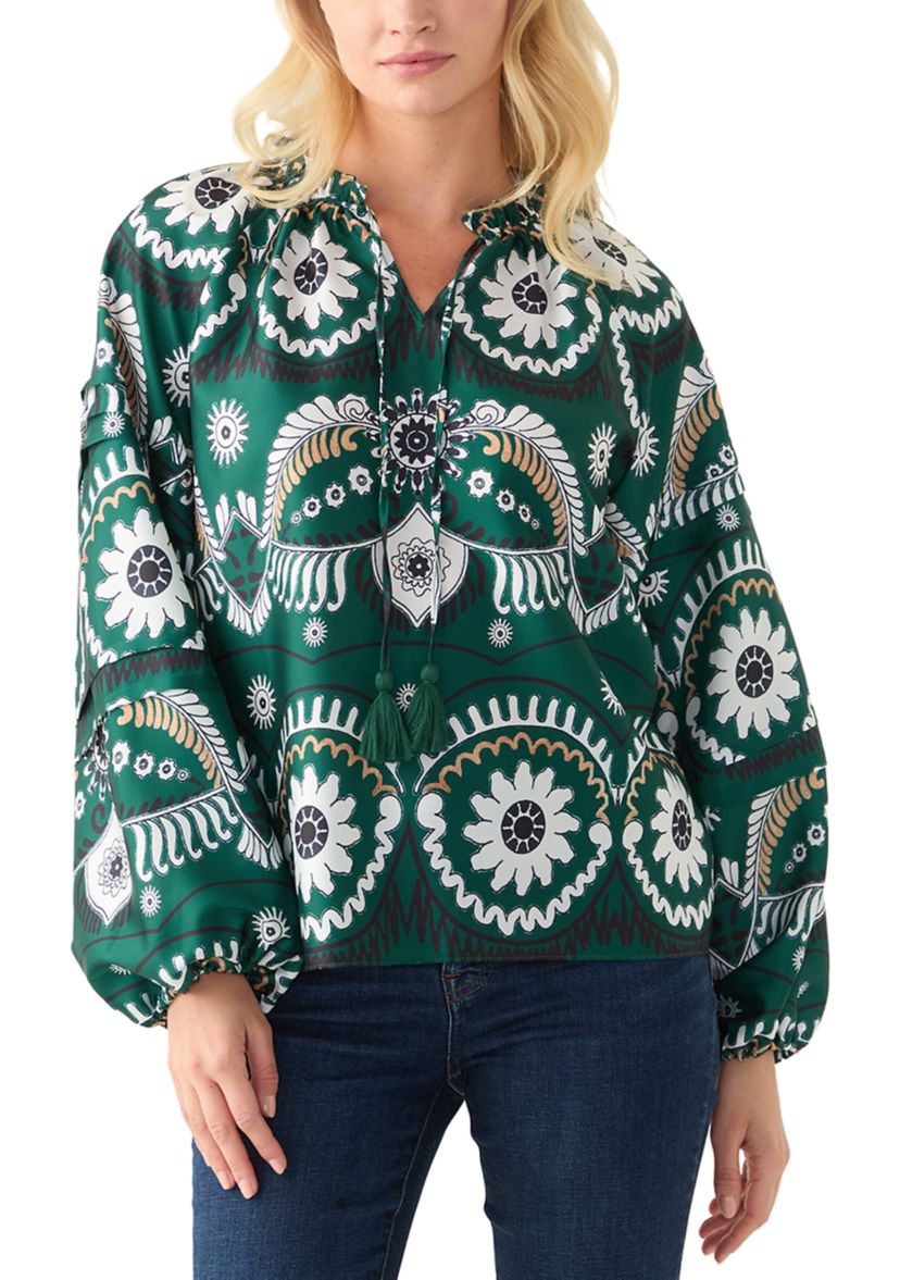 Womens Long Sleeve Split Neck Printed Blouse