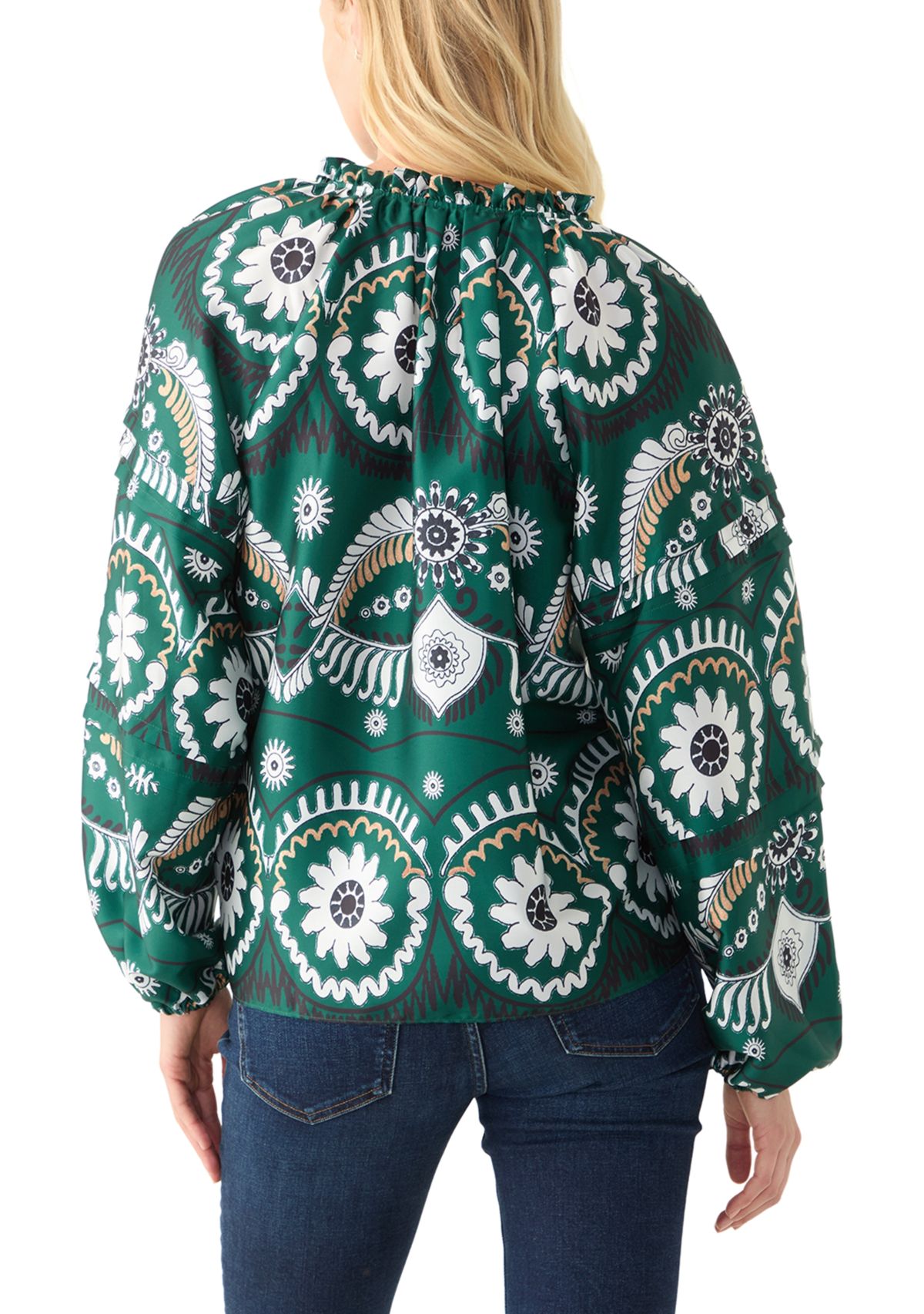 Womens Long Sleeve Split Neck Printed Blouse