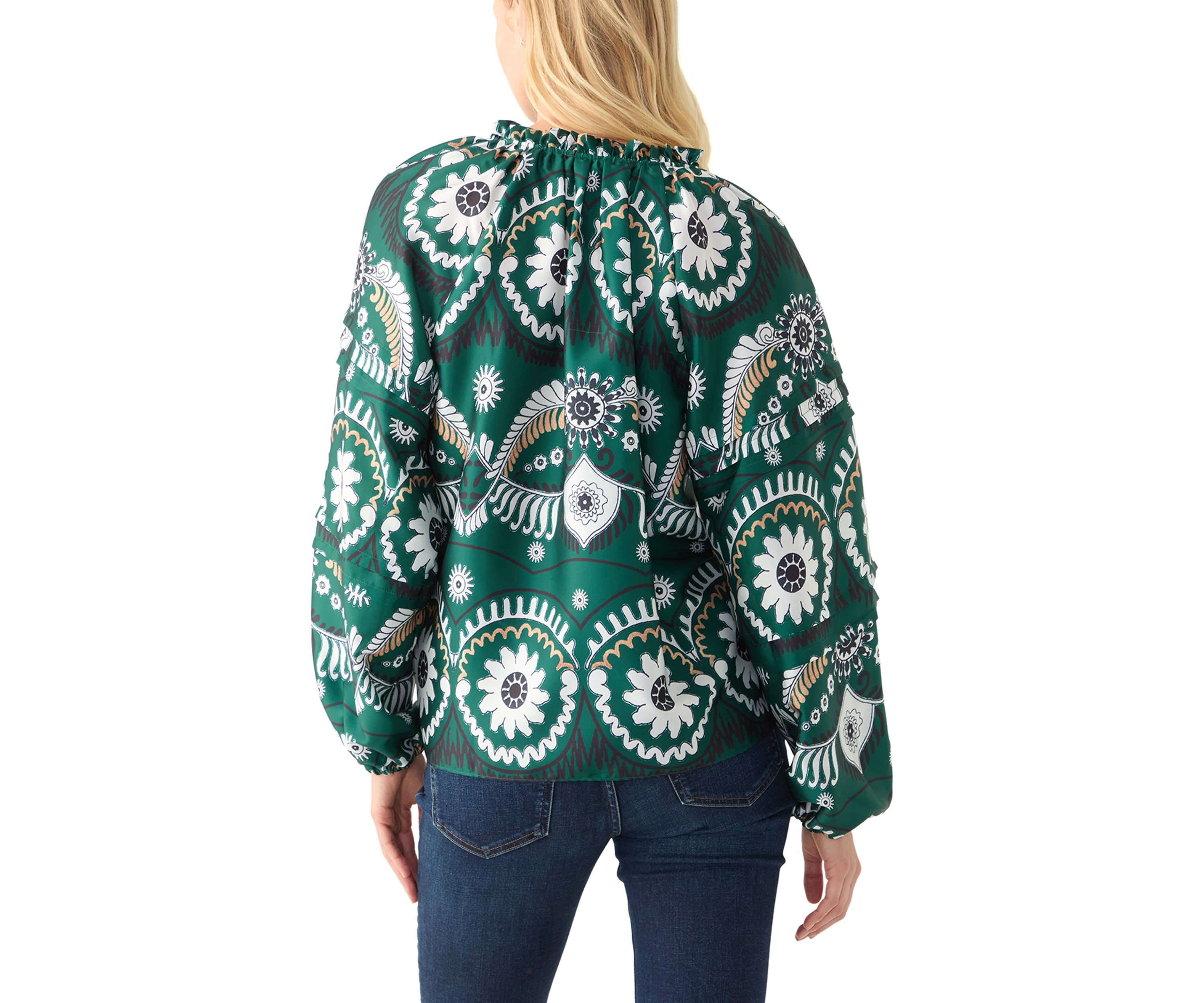Womens Long Sleeve Split Neck Printed Blouse