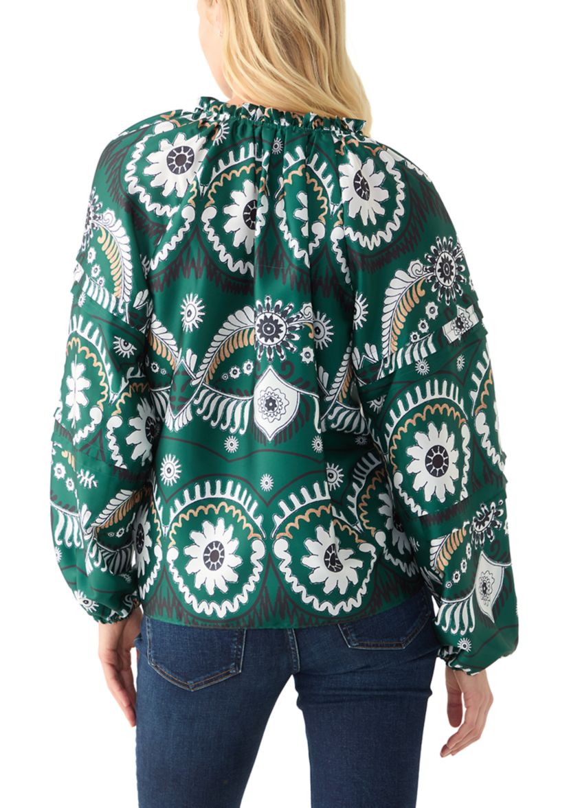 Womens Long Sleeve Split Neck Printed Blouse