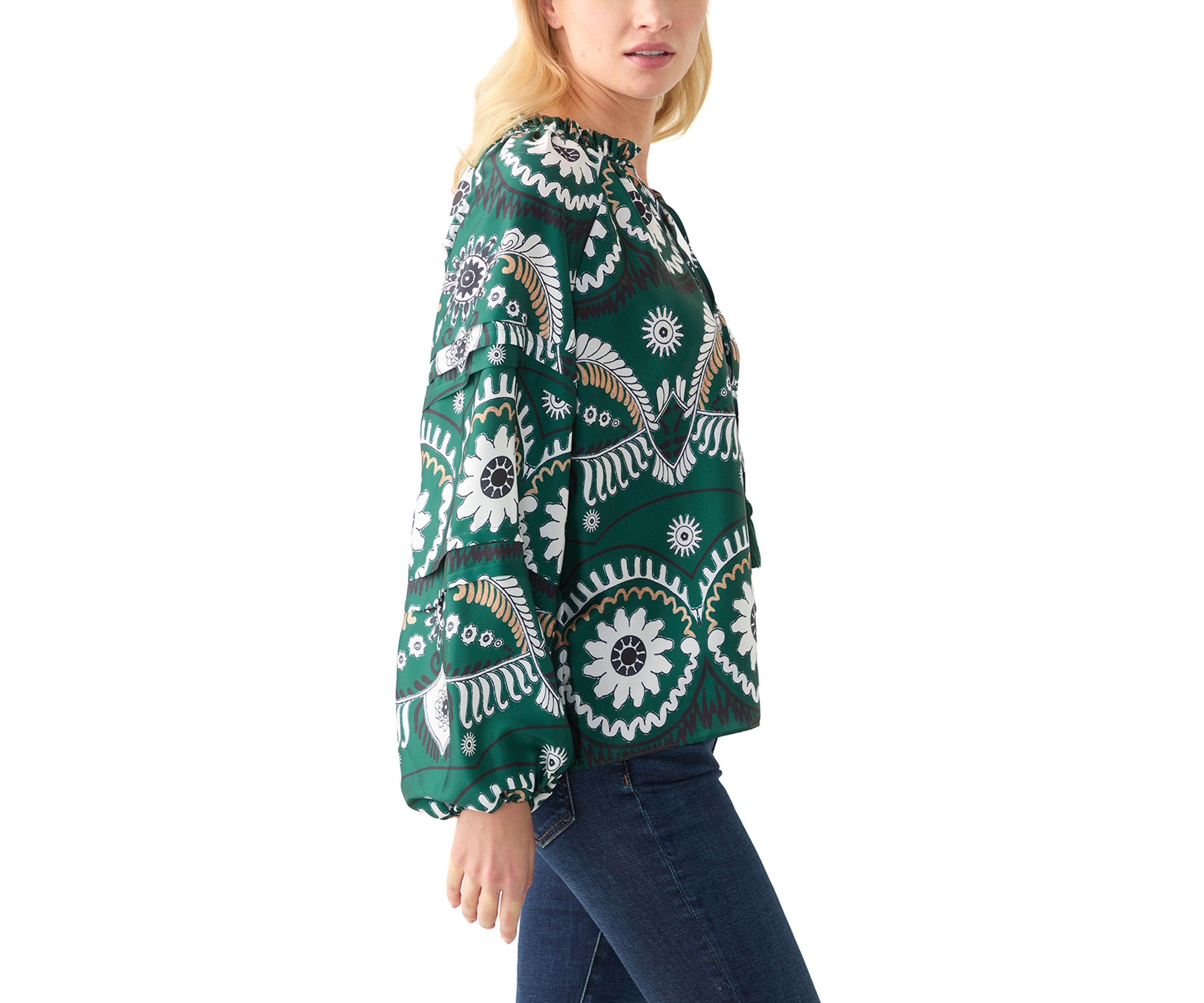 Womens Long Sleeve Split Neck Printed Blouse