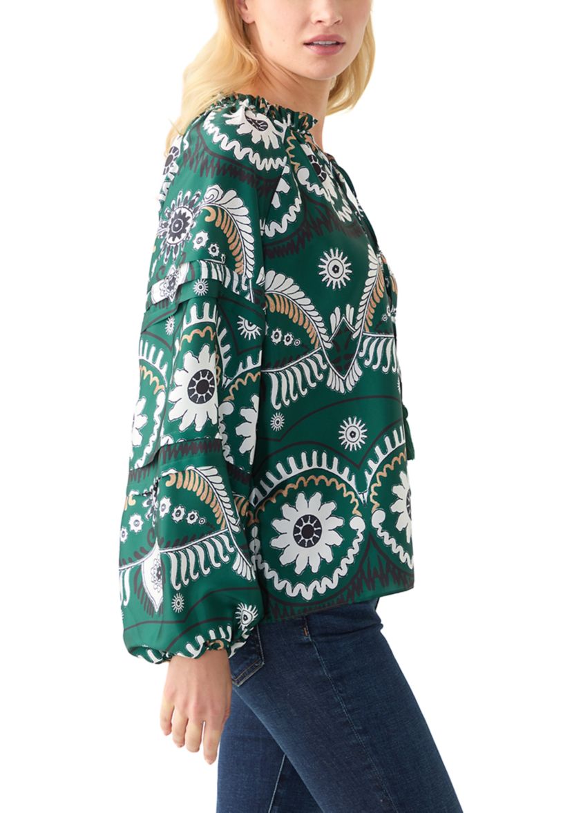 Womens Long Sleeve Split Neck Printed Blouse