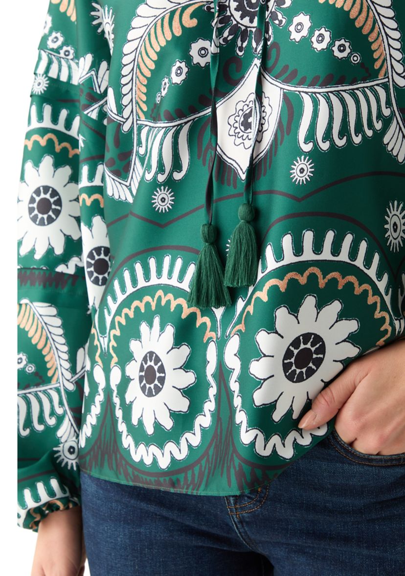 Womens Long Sleeve Split Neck Printed Blouse