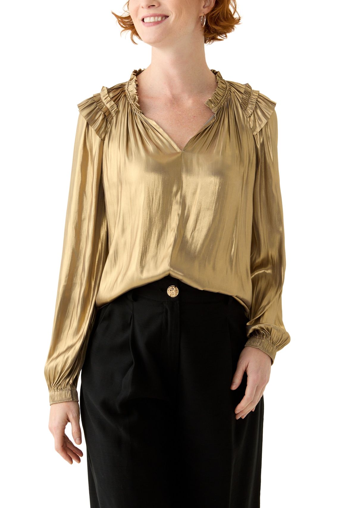 Womens Long Sleeve Split Neck Ruffle Shoulder Blouse