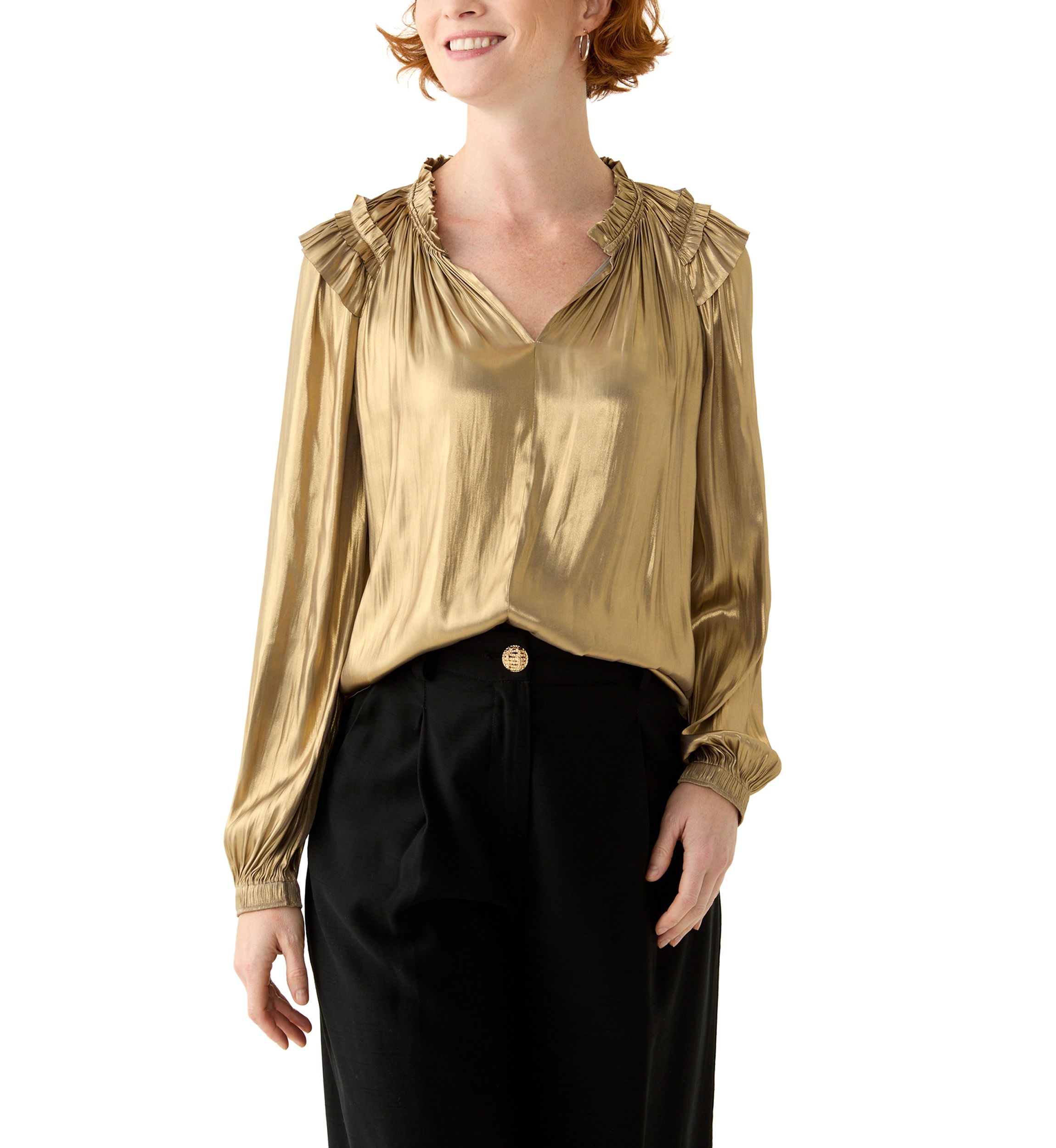 Womens Long Sleeve Split Neck Ruffle Shoulder Blouse