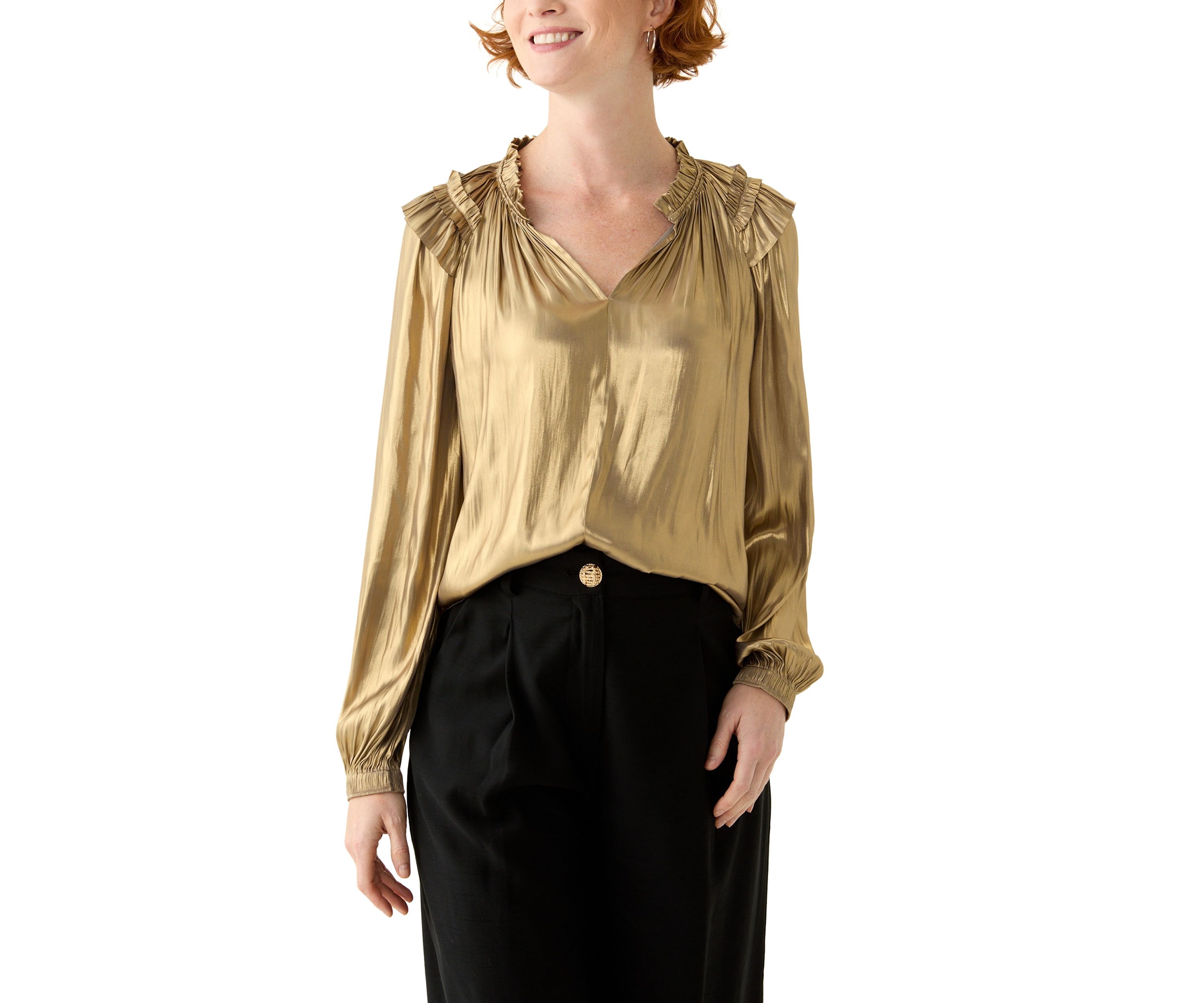 Womens Long Sleeve Split Neck Ruffle Shoulder Blouse