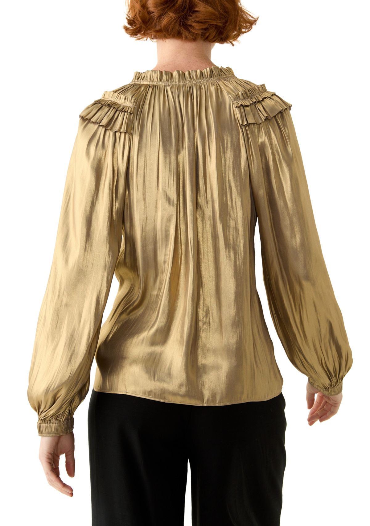 Womens Long Sleeve Split Neck Ruffle Shoulder Blouse
