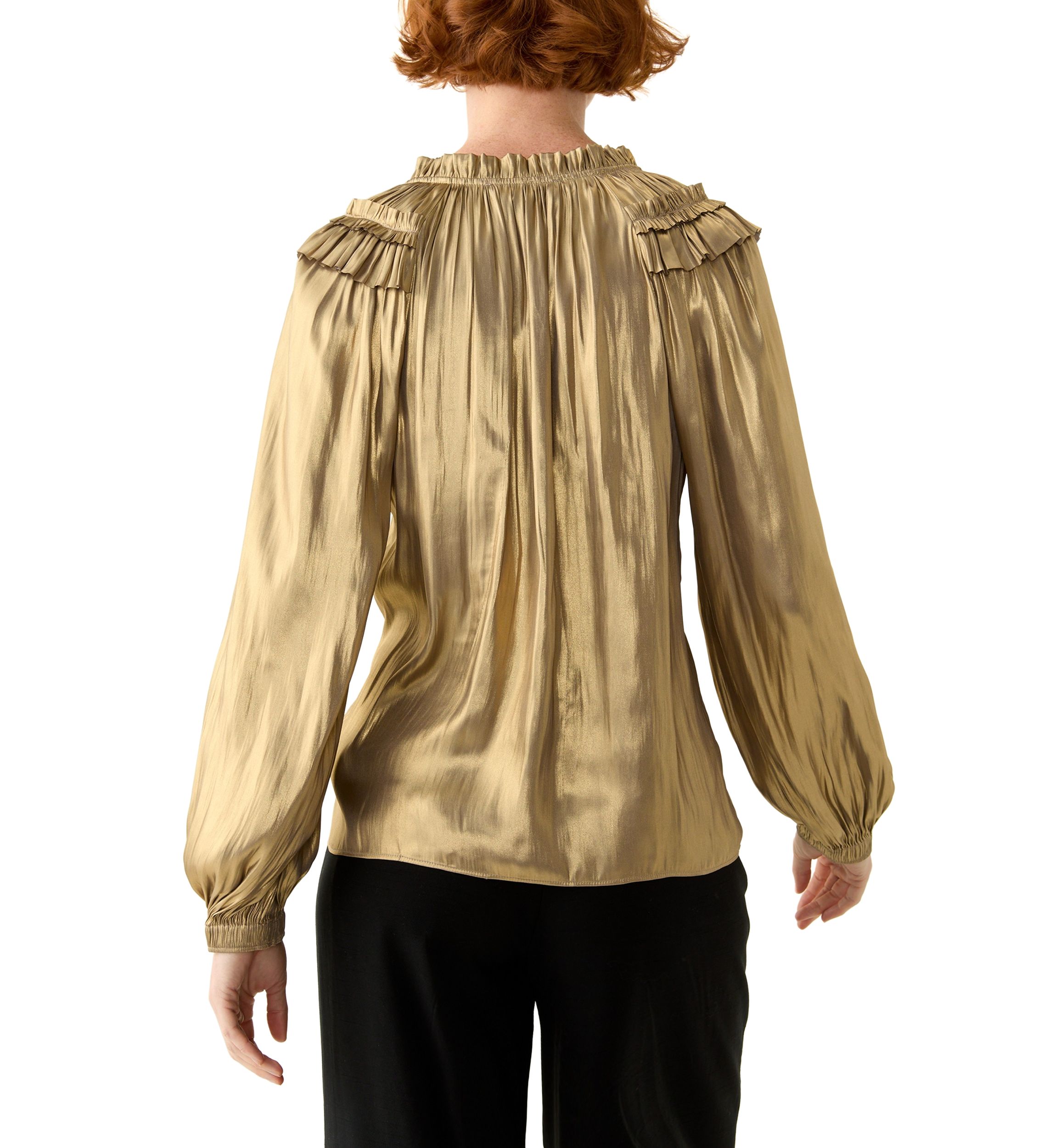 Womens Long Sleeve Split Neck Ruffle Shoulder Blouse