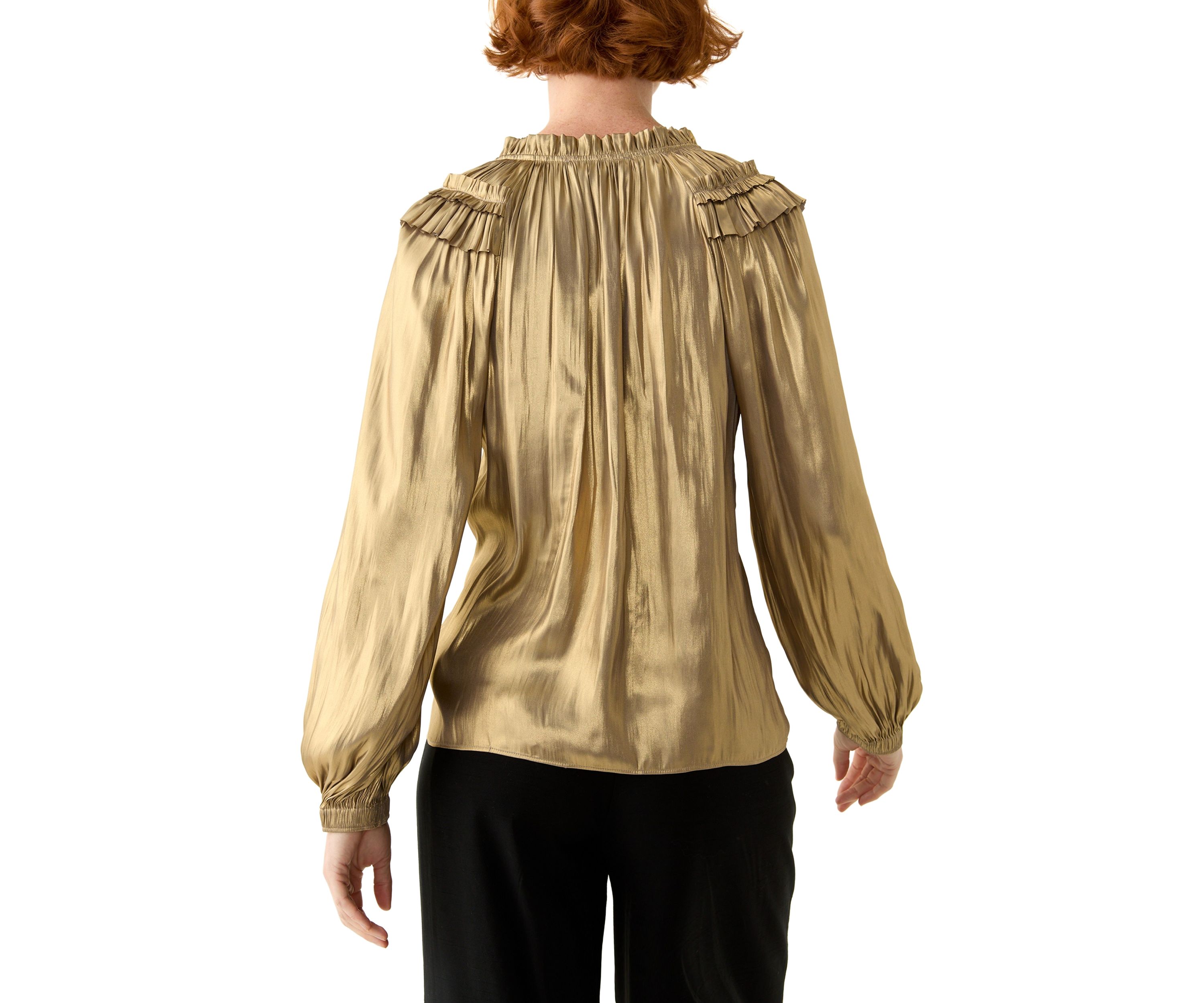 Womens Long Sleeve Split Neck Ruffle Shoulder Blouse