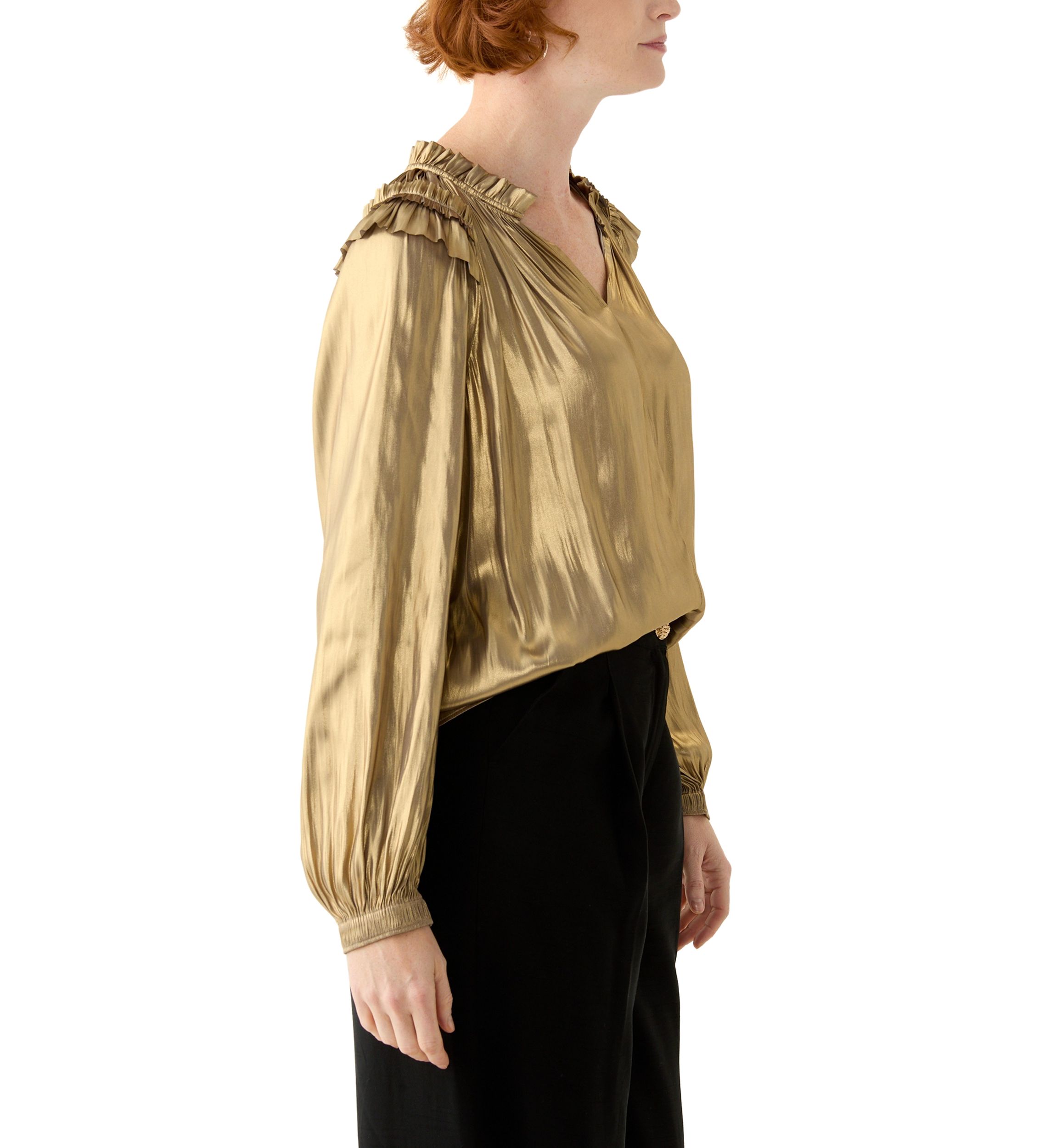 Womens Long Sleeve Split Neck Ruffle Shoulder Blouse