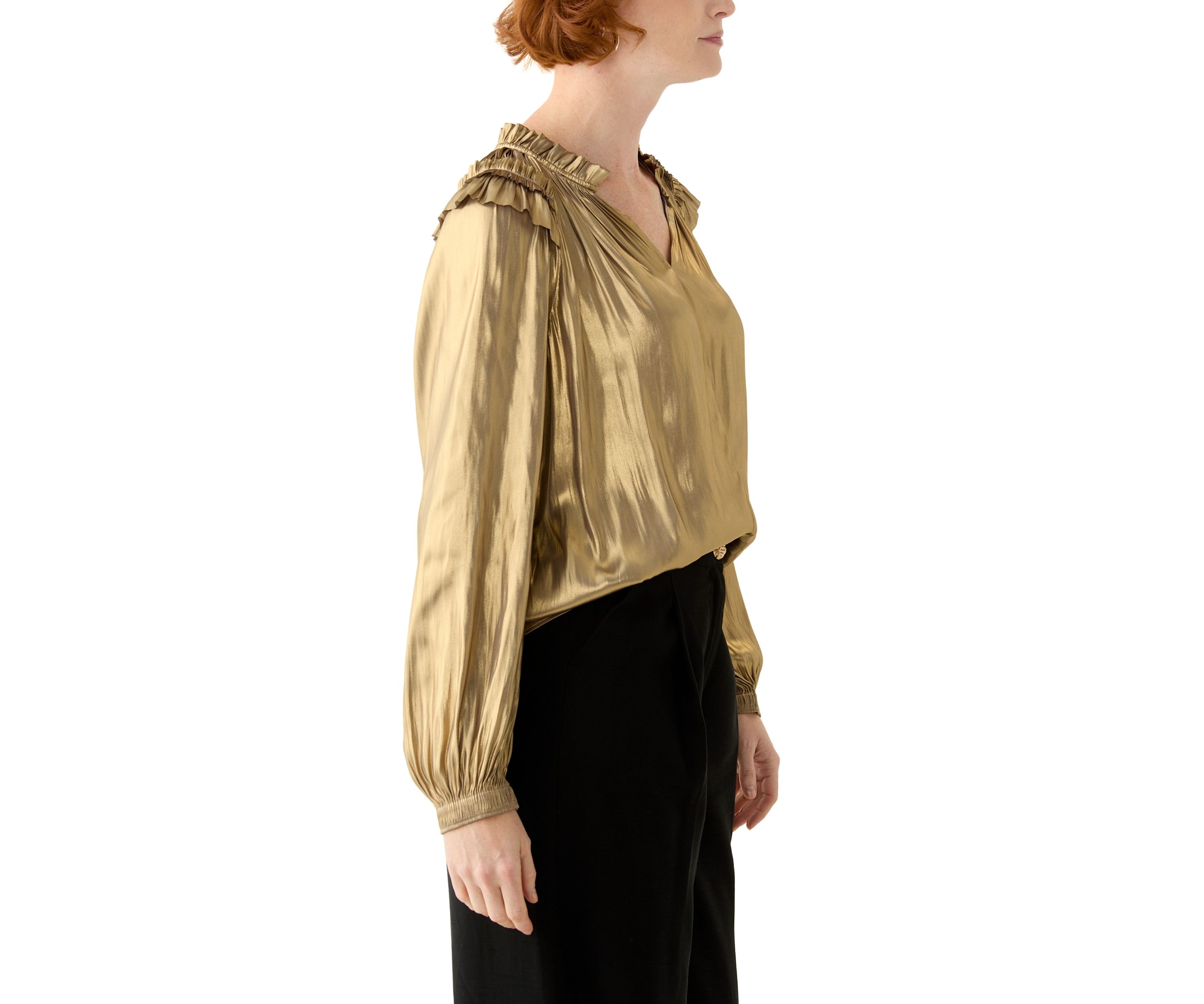 Womens Long Sleeve Split Neck Ruffle Shoulder Blouse
