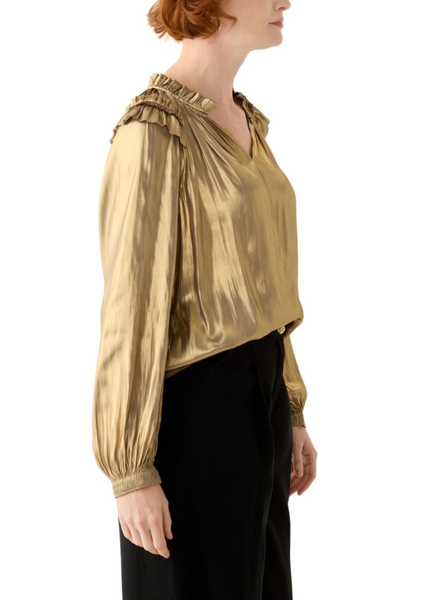 Womens Long Sleeve Split Neck Ruffle Shoulder Blouse