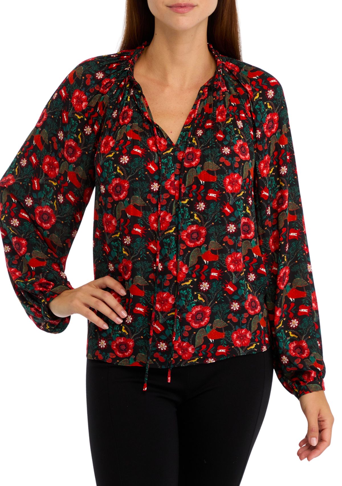 Womens Long Sleeve Printed Pleated Blouse