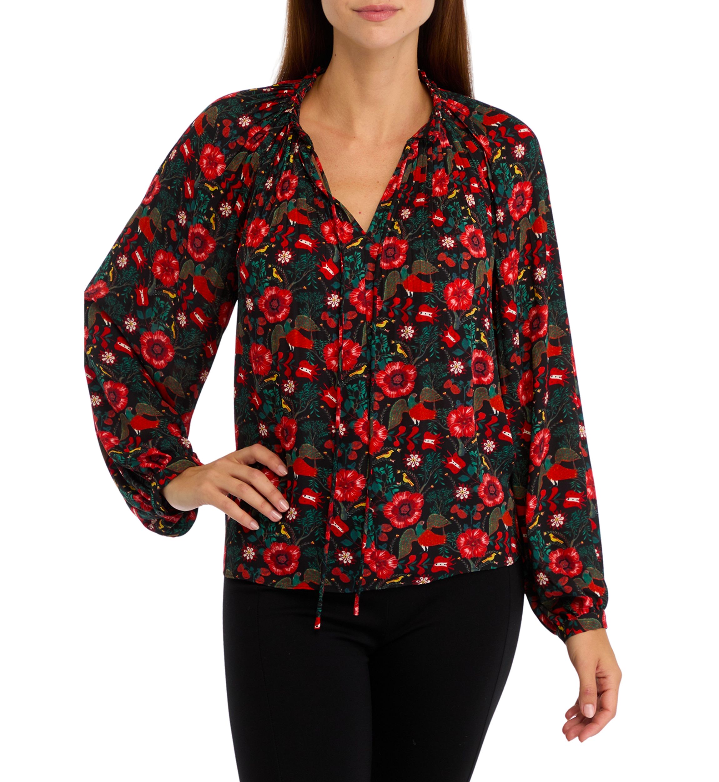 Womens Long Sleeve Printed Pleated Blouse