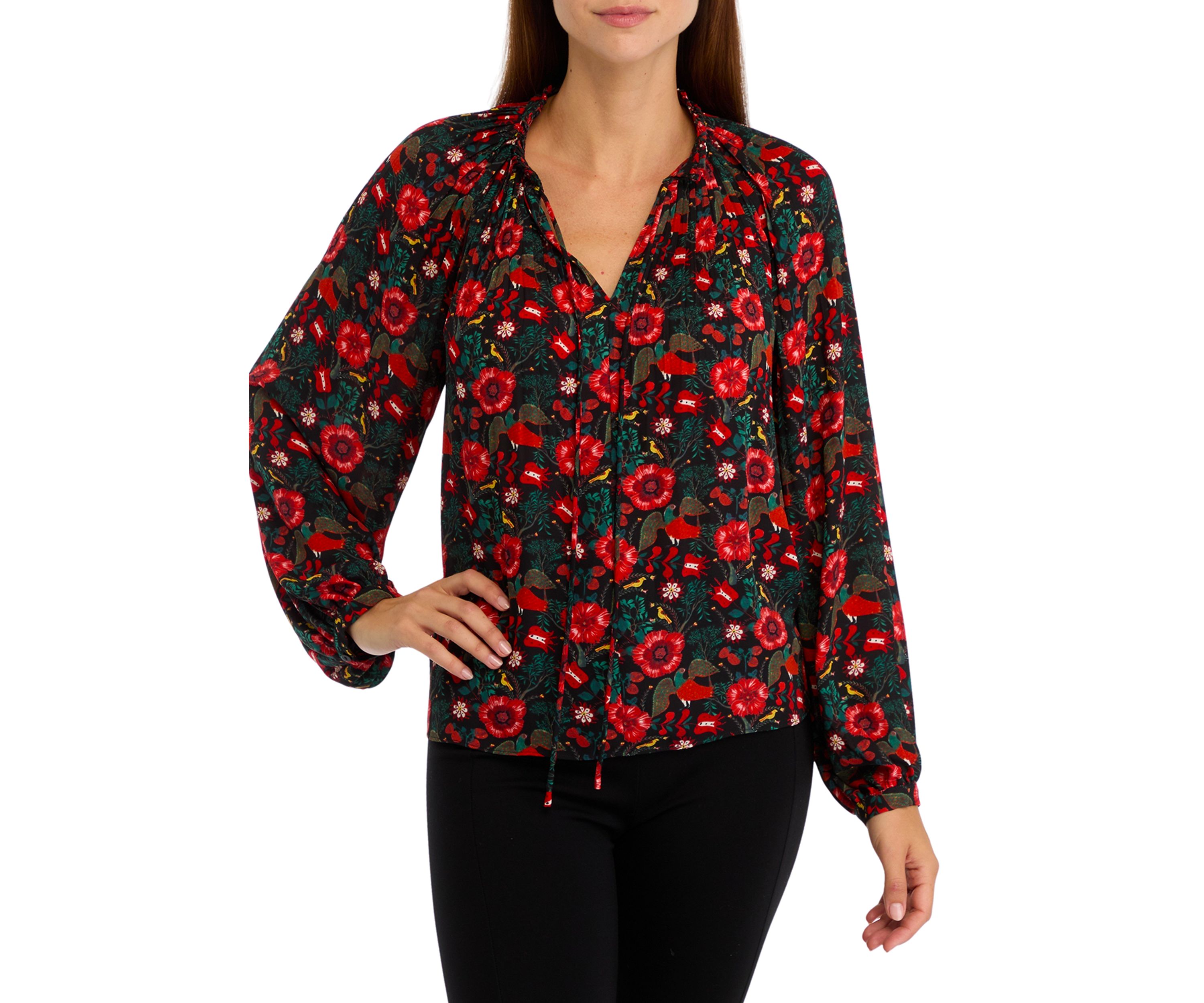 Womens Long Sleeve Printed Pleated Blouse