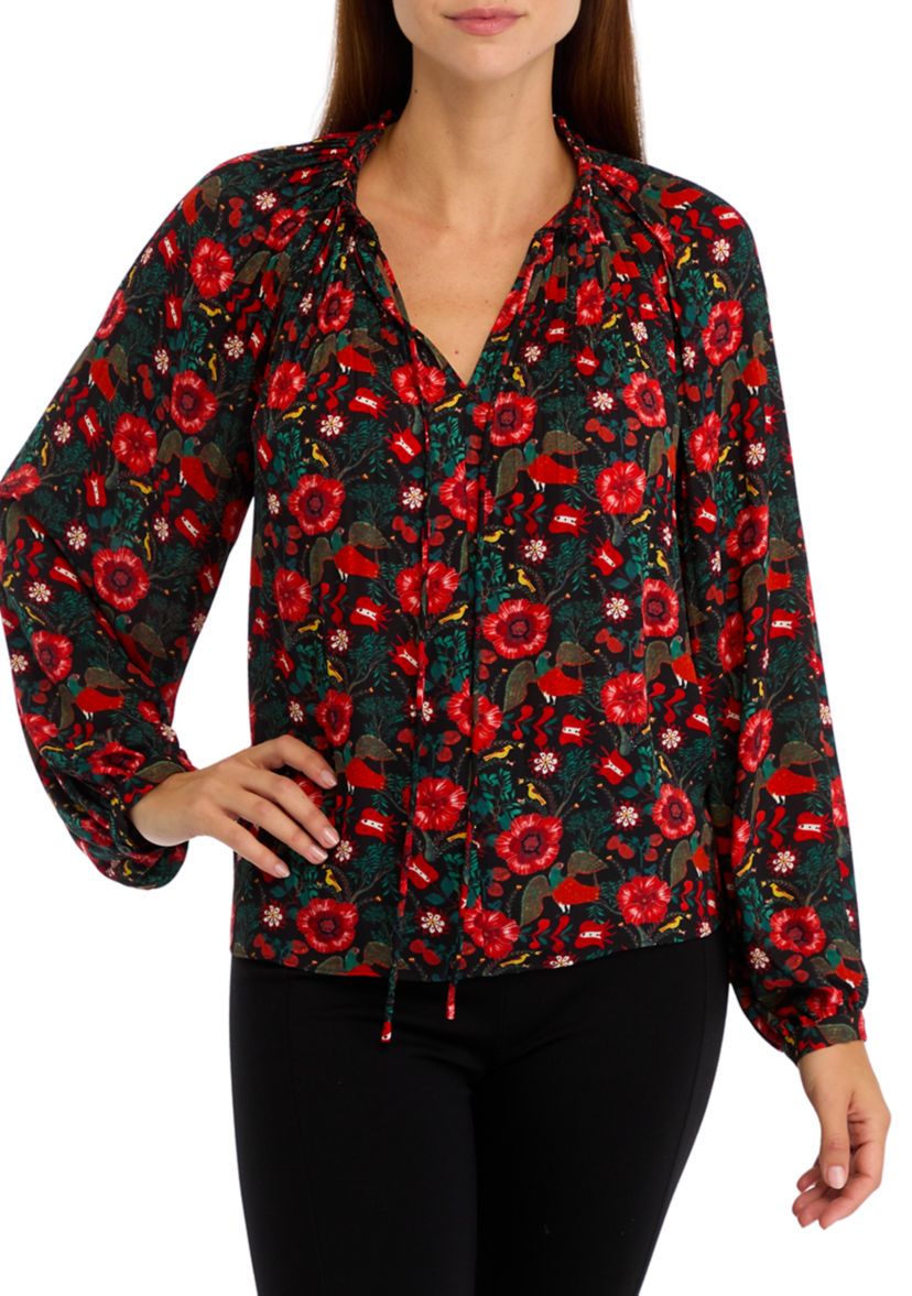 Womens Long Sleeve Printed Pleated Blouse