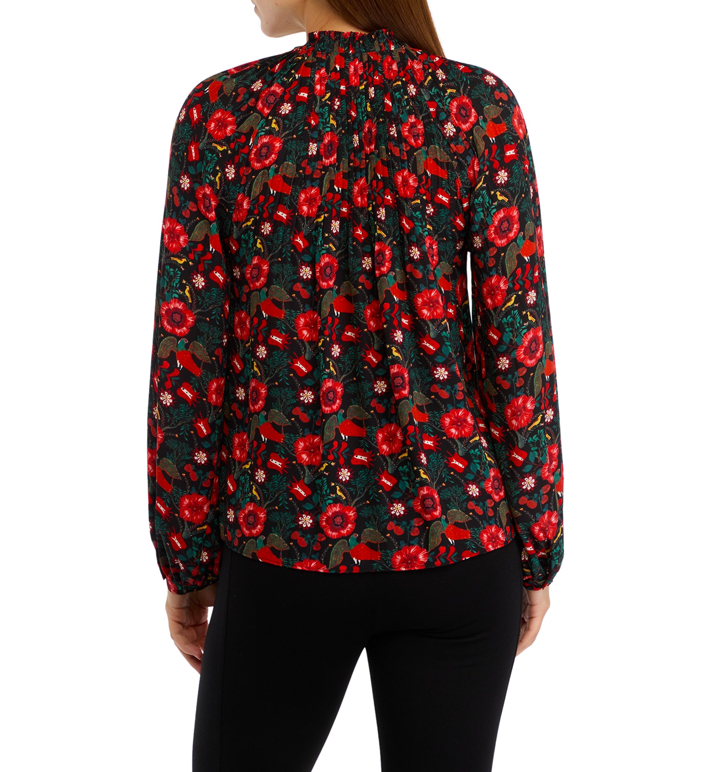 Womens Long Sleeve Printed Pleated Blouse