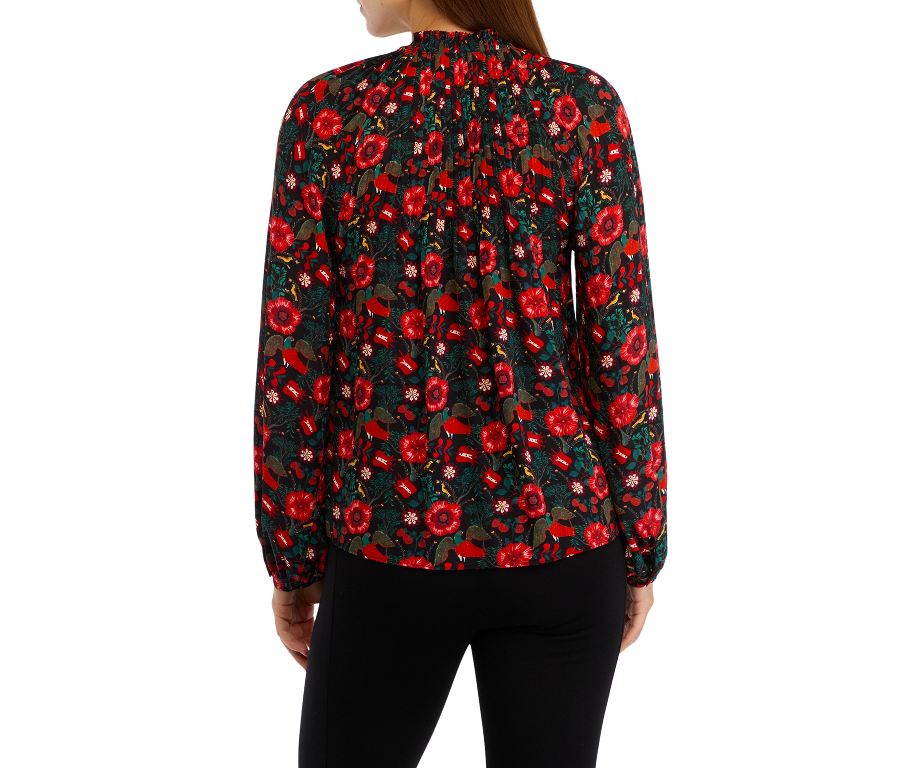Womens Long Sleeve Printed Pleated Blouse