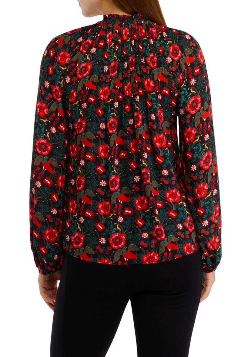 Womens Long Sleeve Printed Pleated Blouse