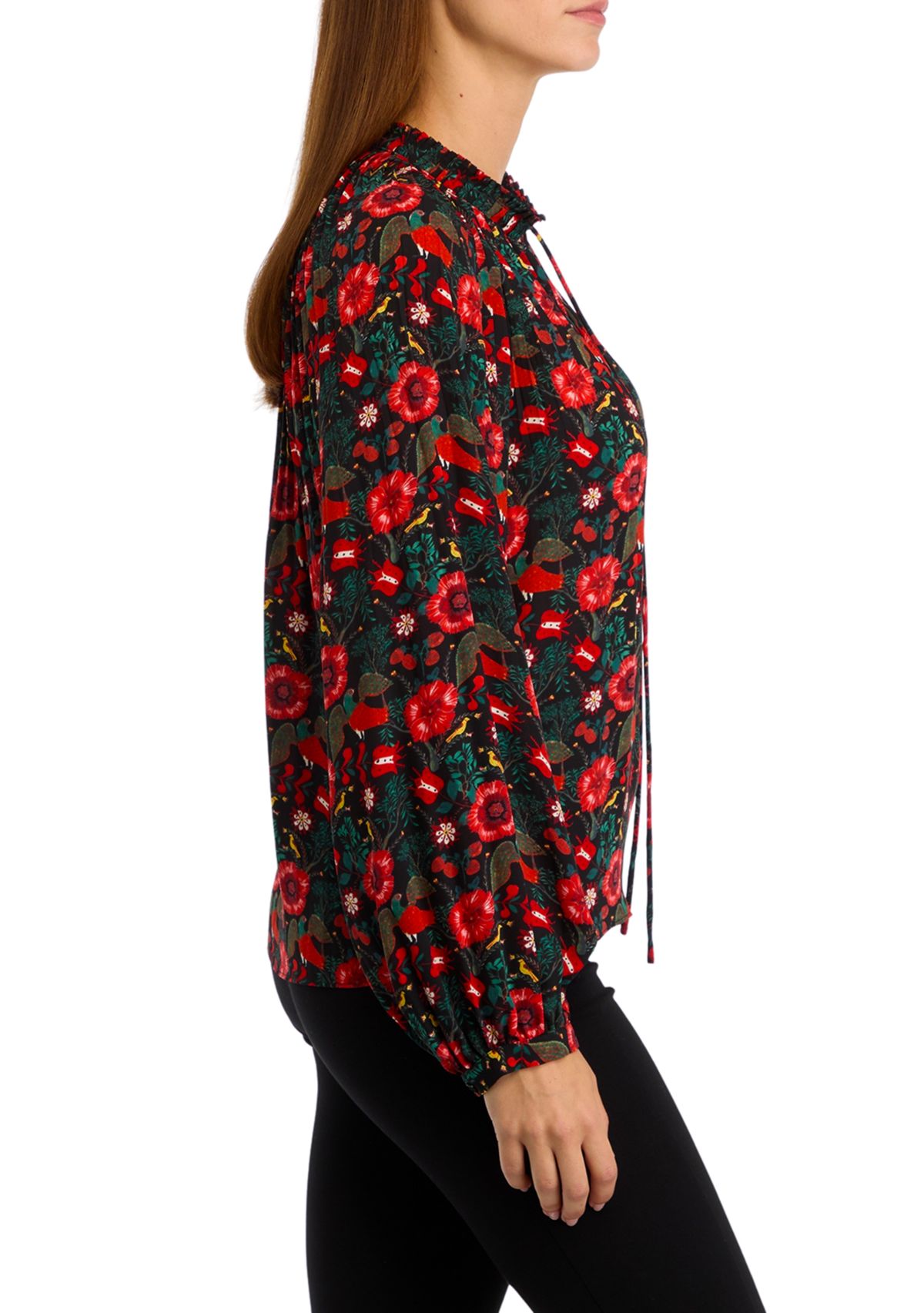 Womens Long Sleeve Printed Pleated Blouse