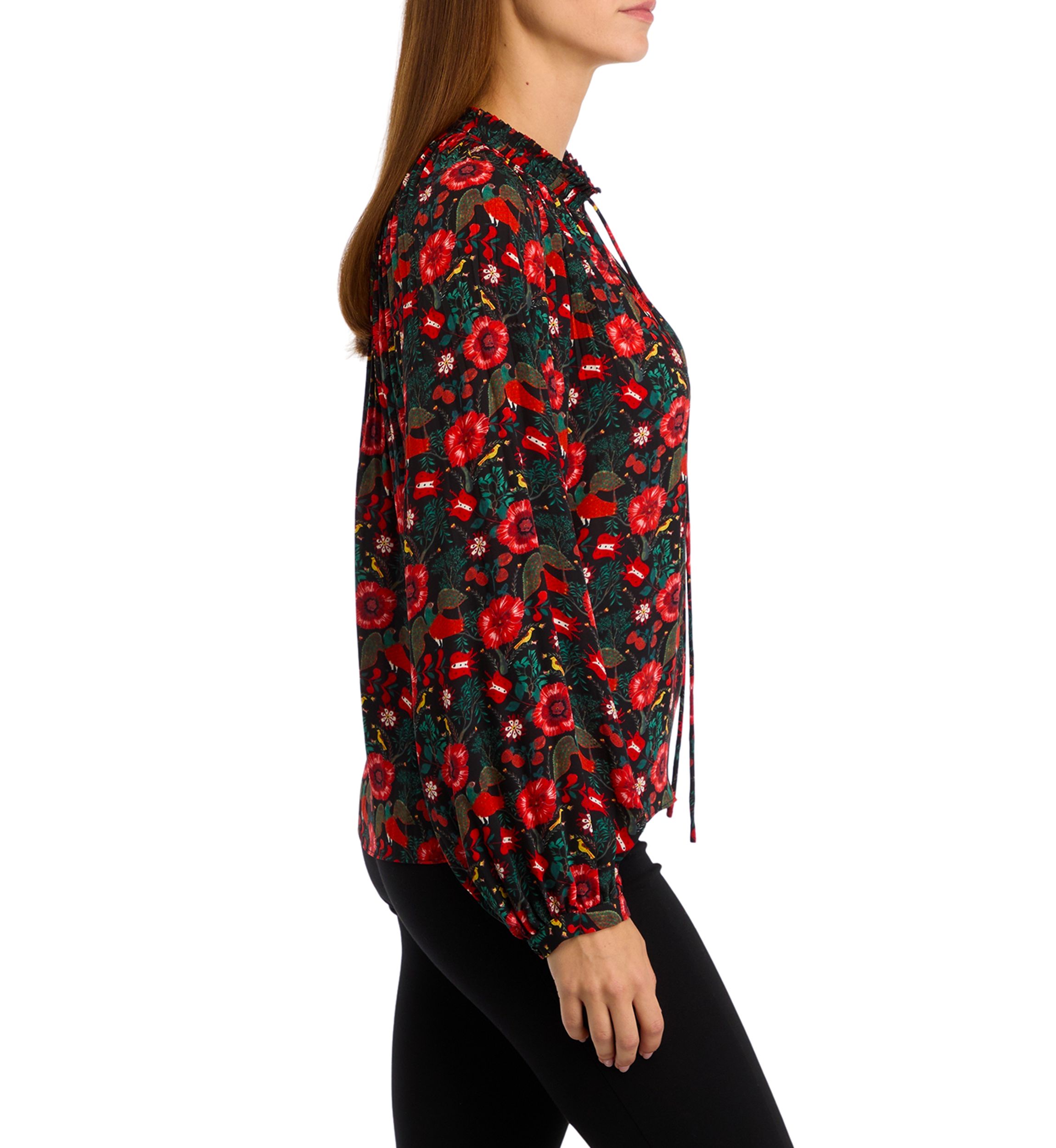 Womens Long Sleeve Printed Pleated Blouse