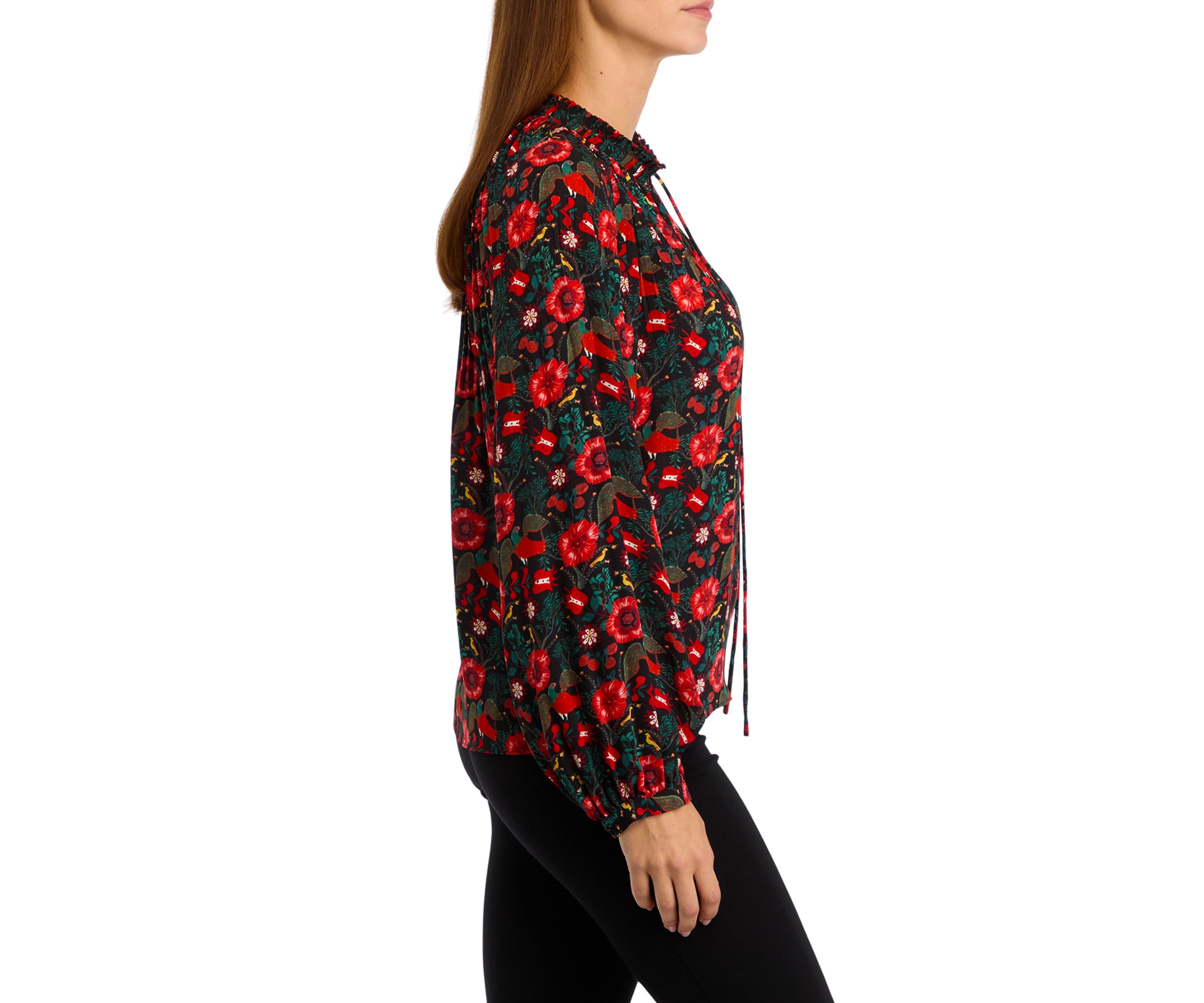 Womens Long Sleeve Printed Pleated Blouse