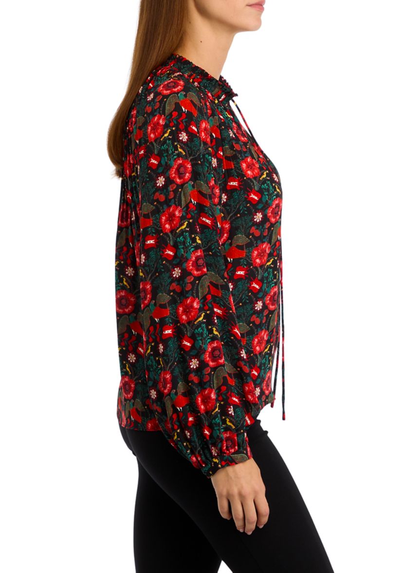 Womens Long Sleeve Printed Pleated Blouse