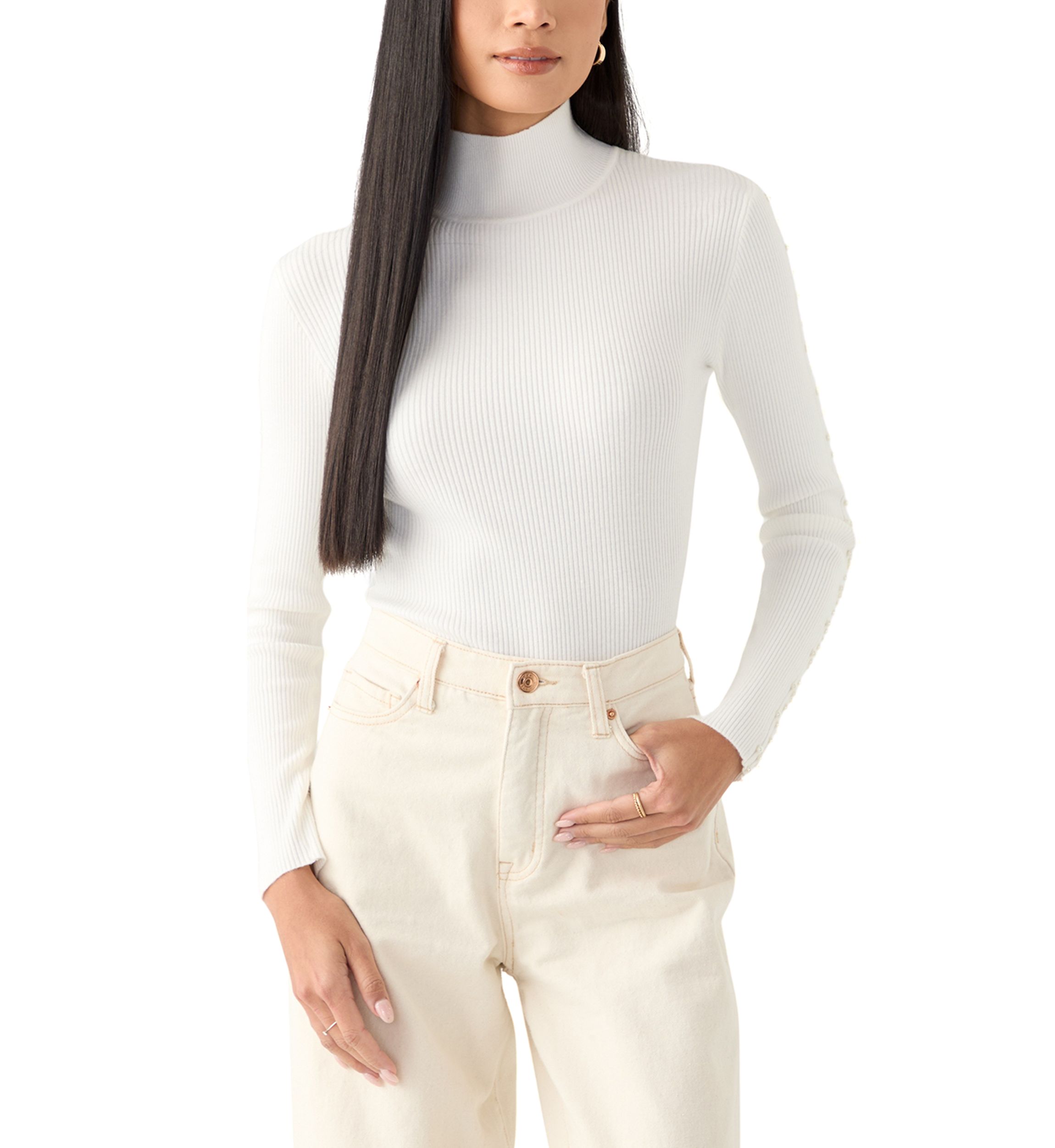Womens Mock Neck Pearl Sleeve Detail Sweater