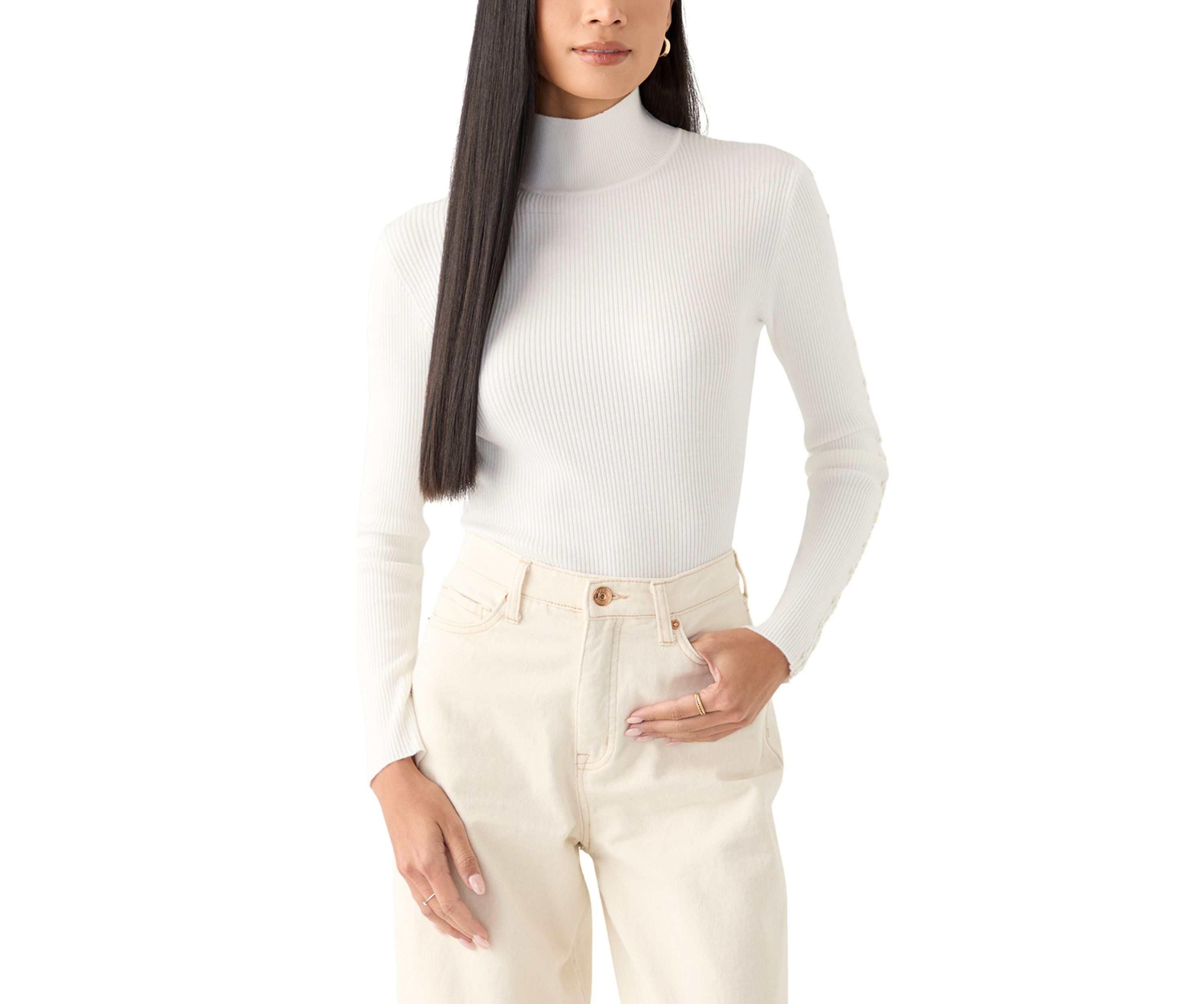 Womens Mock Neck Pearl Sleeve Detail Sweater