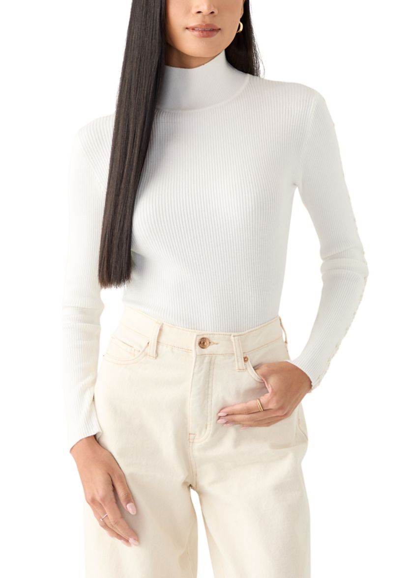 Womens Mock Neck Pearl Sleeve Detail Sweater