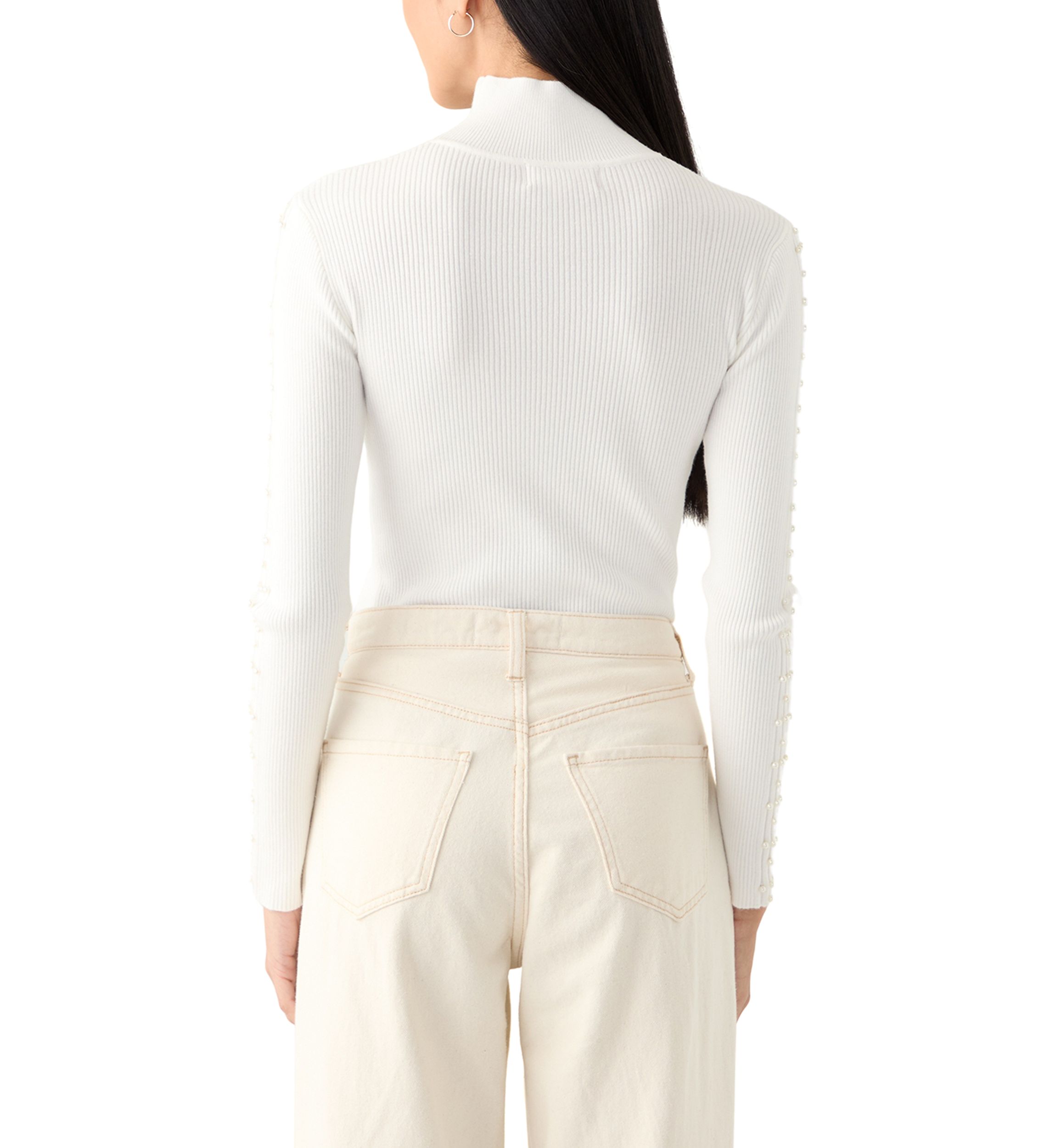 Womens Mock Neck Pearl Sleeve Detail Sweater