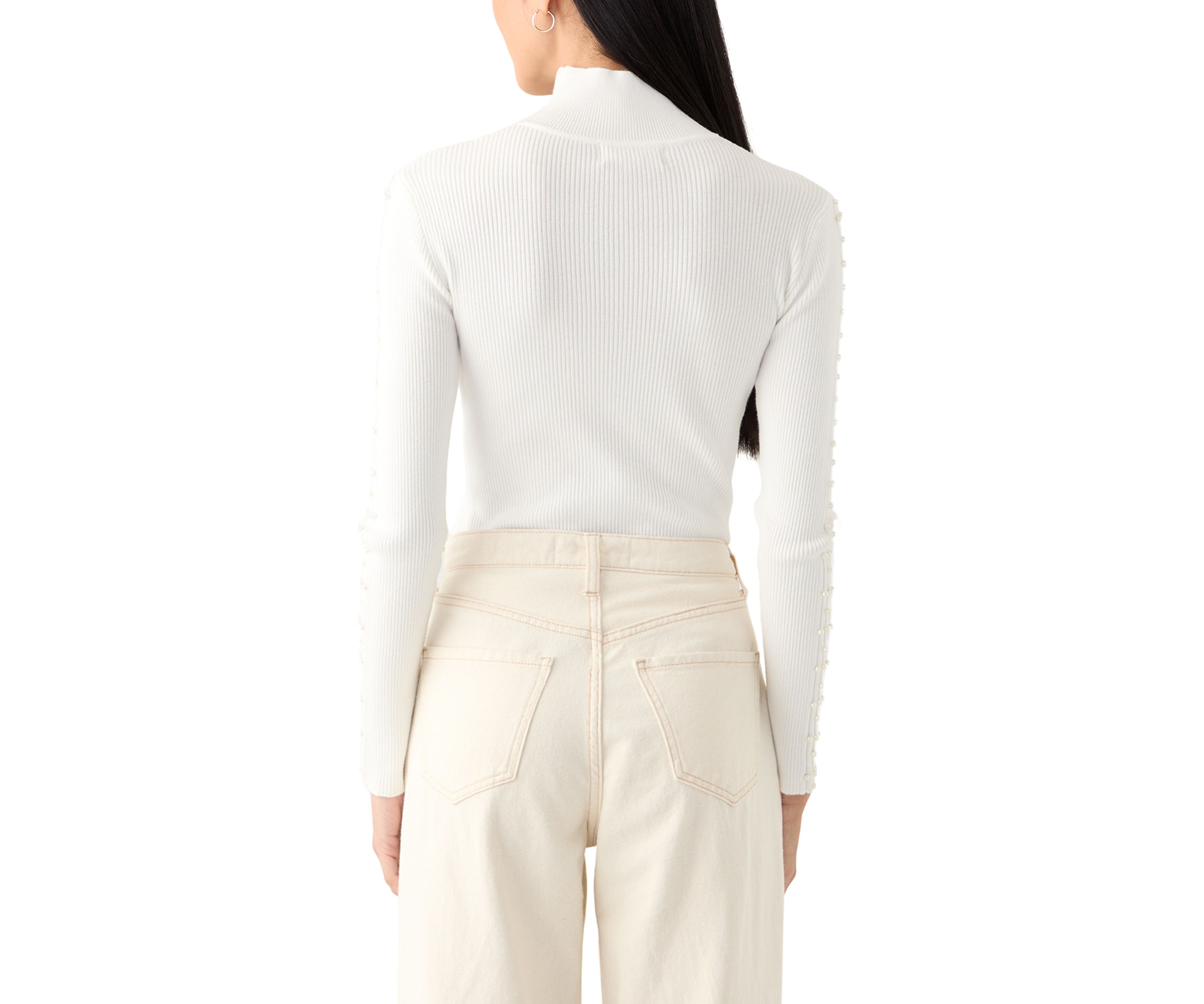 Womens Mock Neck Pearl Sleeve Detail Sweater