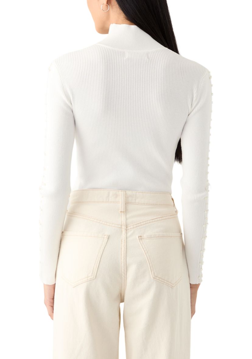 Womens Mock Neck Pearl Sleeve Detail Sweater
