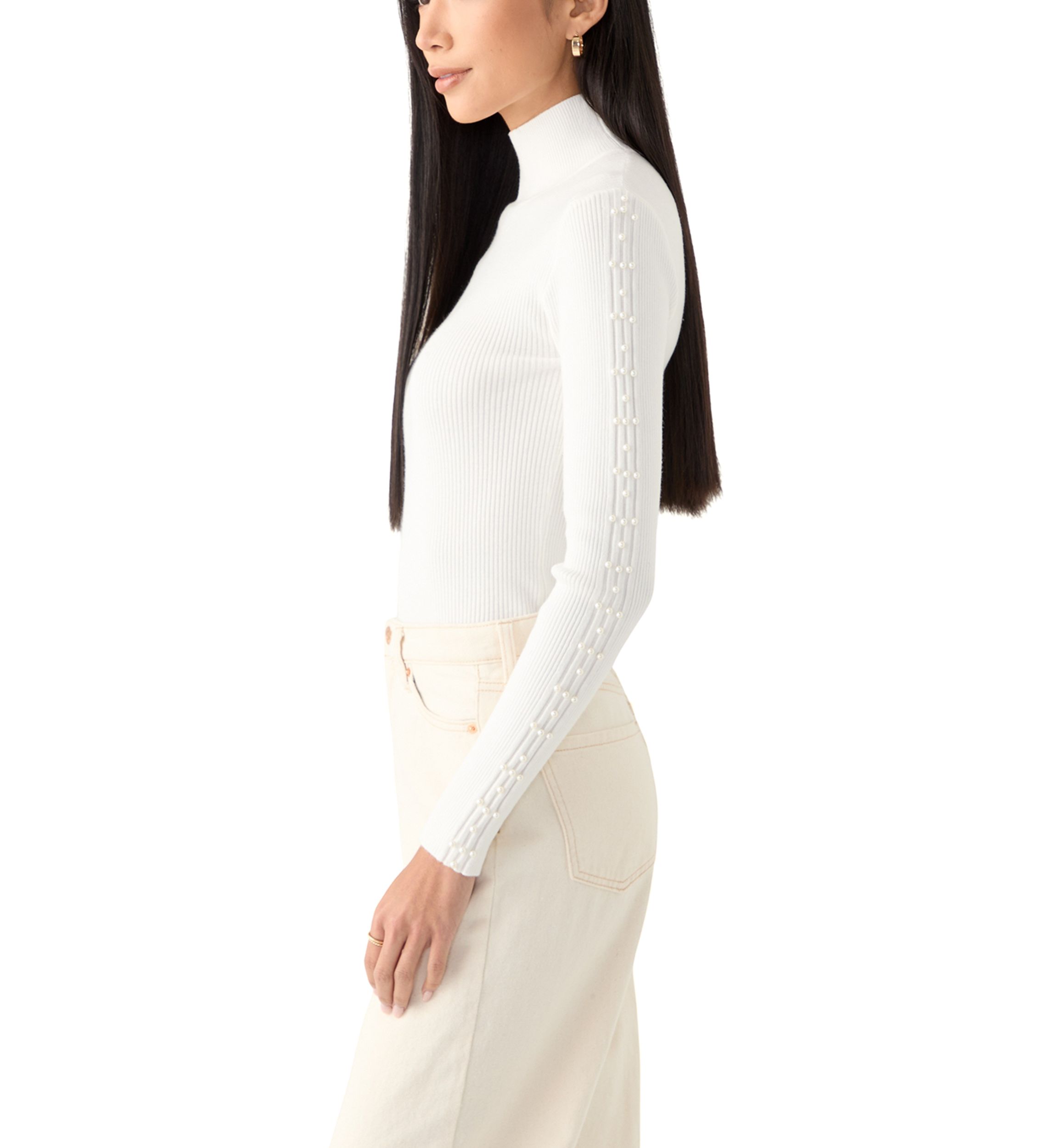 Womens Mock Neck Pearl Sleeve Detail Sweater