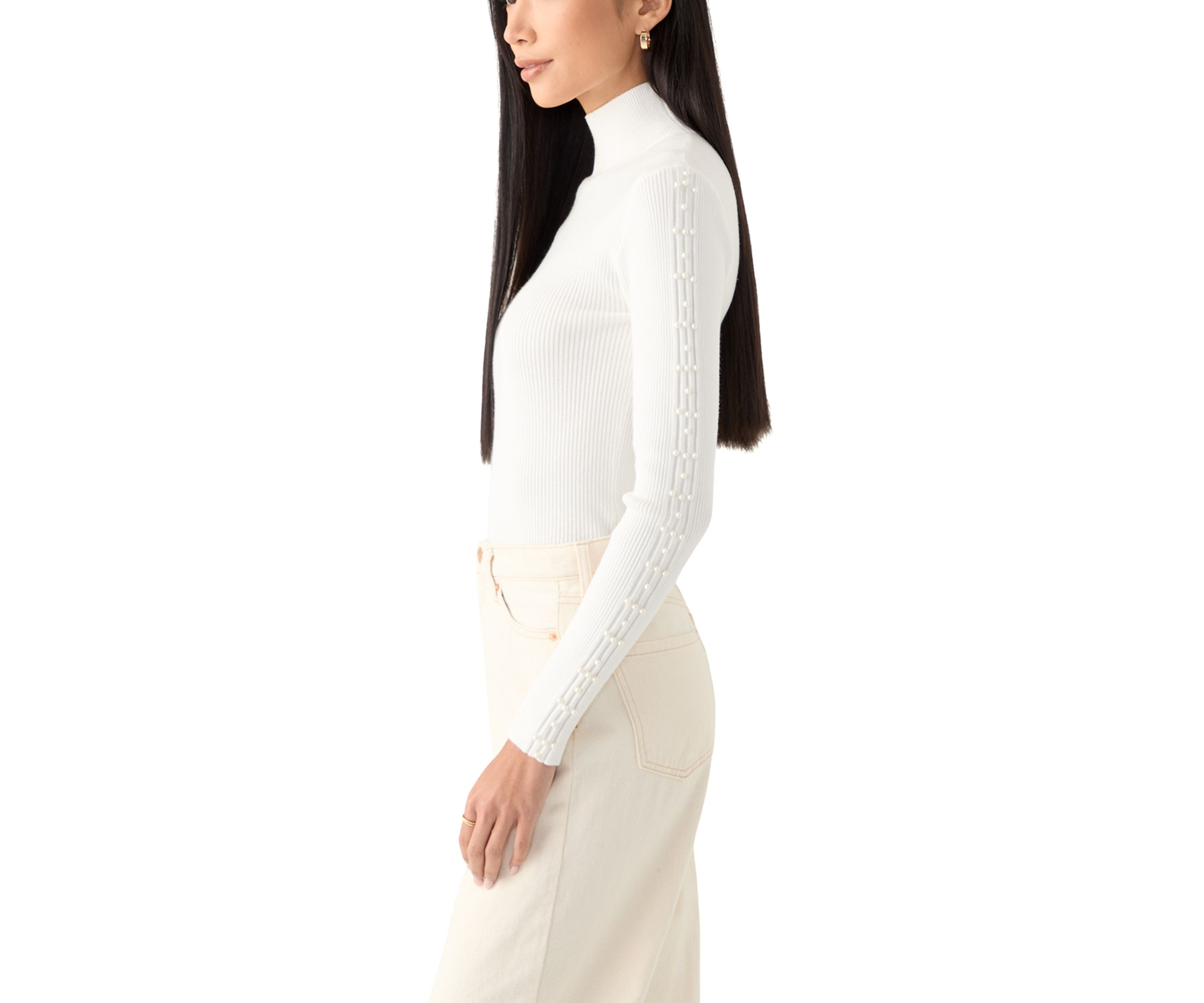 Womens Mock Neck Pearl Sleeve Detail Sweater