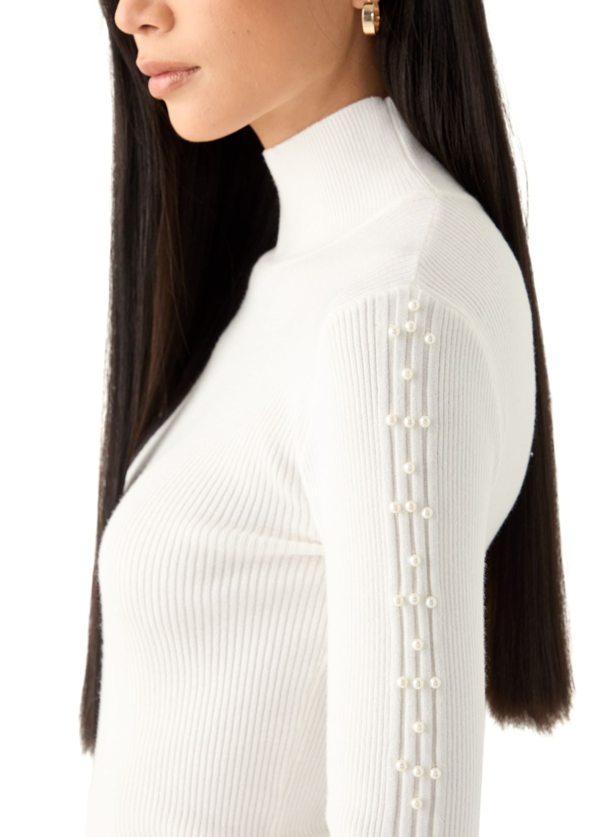Womens Mock Neck Pearl Sleeve Detail Sweater
