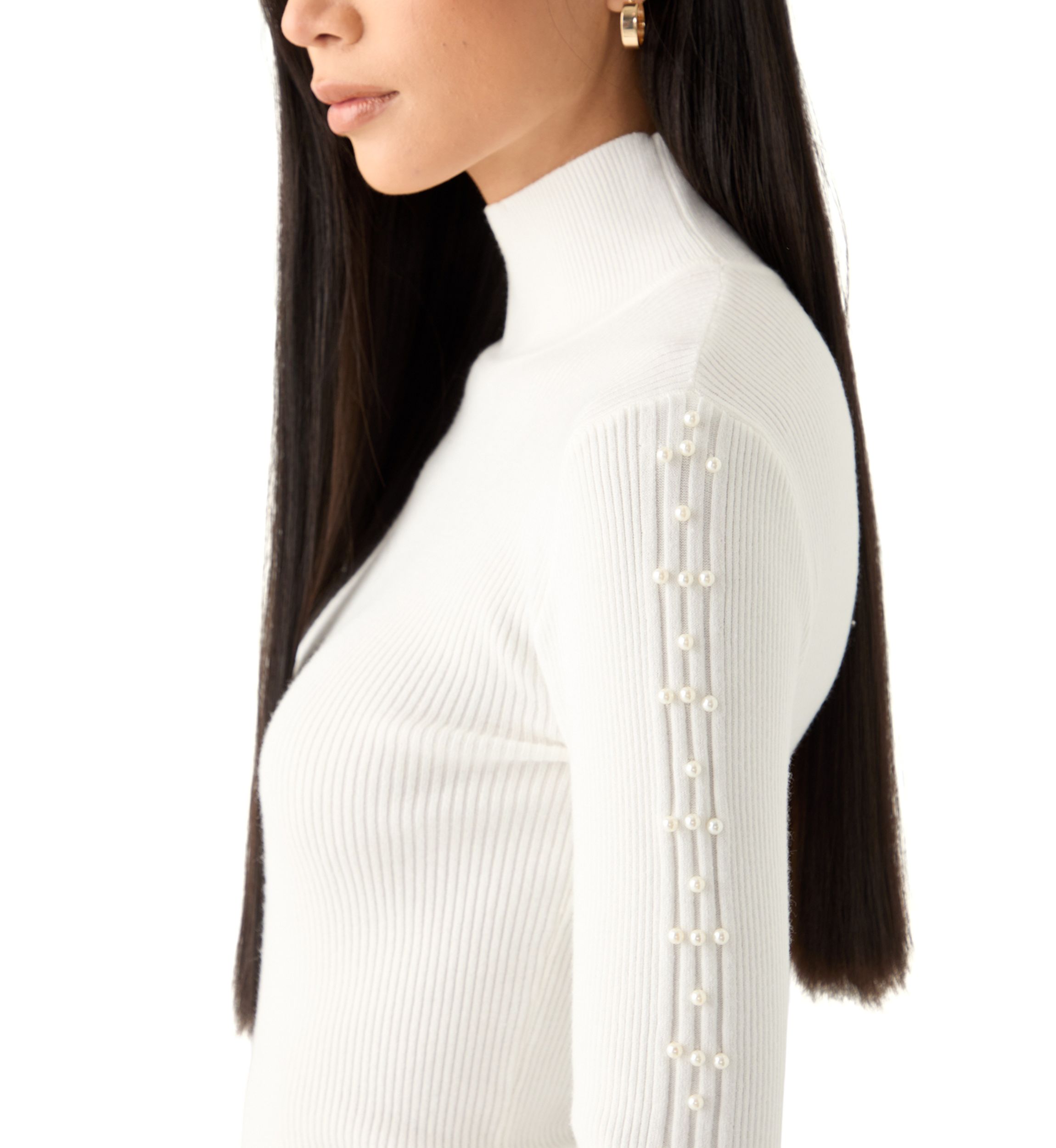 Womens Mock Neck Pearl Sleeve Detail Sweater