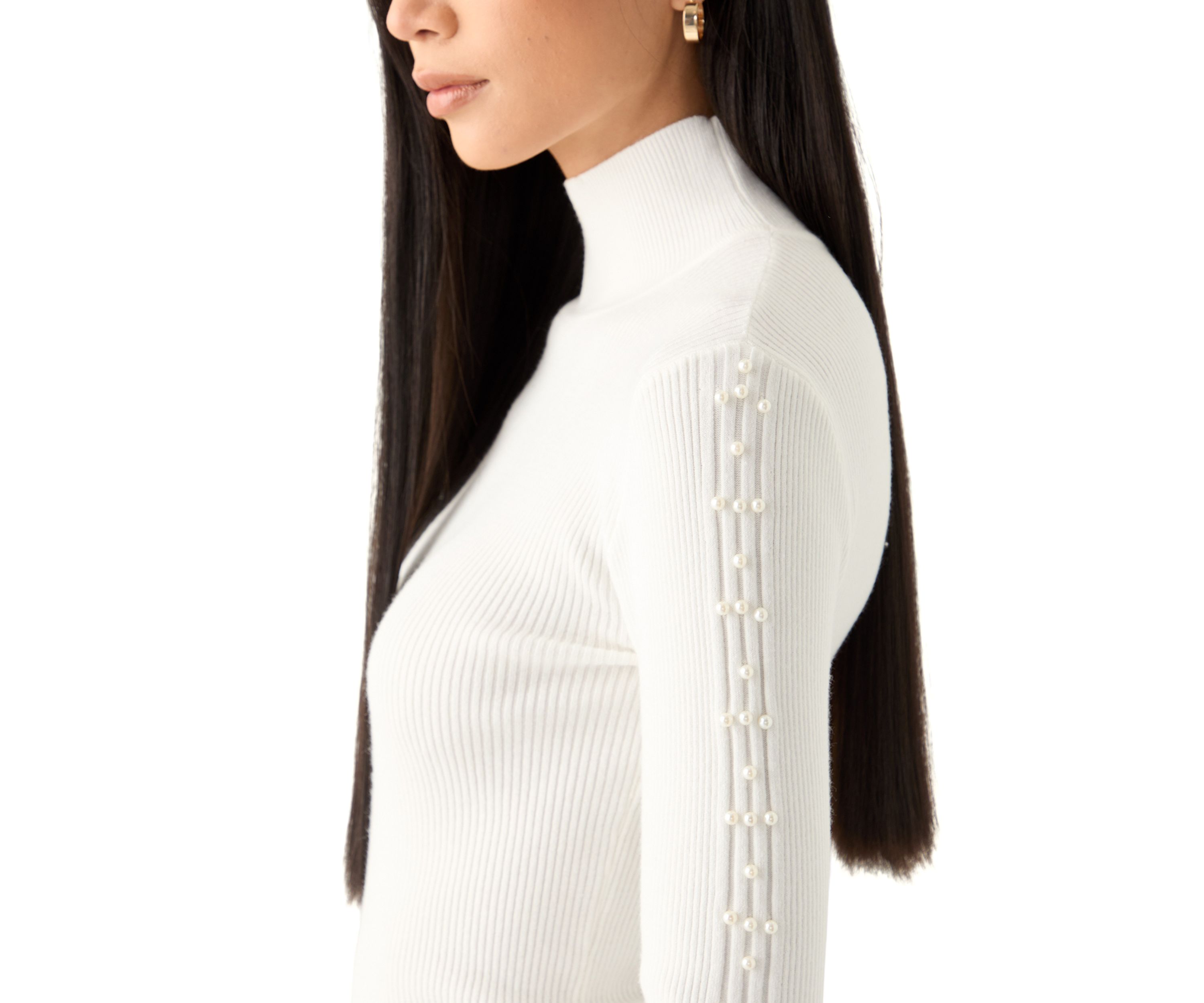 Womens Mock Neck Pearl Sleeve Detail Sweater