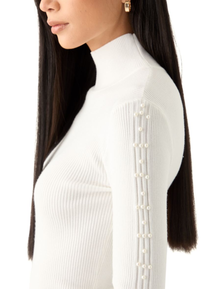 Womens Mock Neck Pearl Sleeve Detail Sweater
