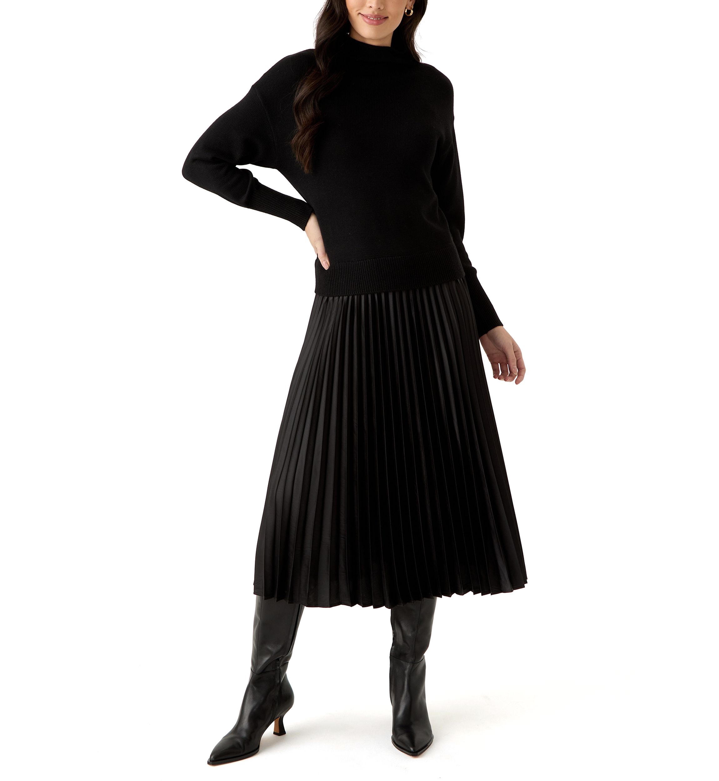 Womens Drop Shoulder Mock Neck Midi Sweater Dress