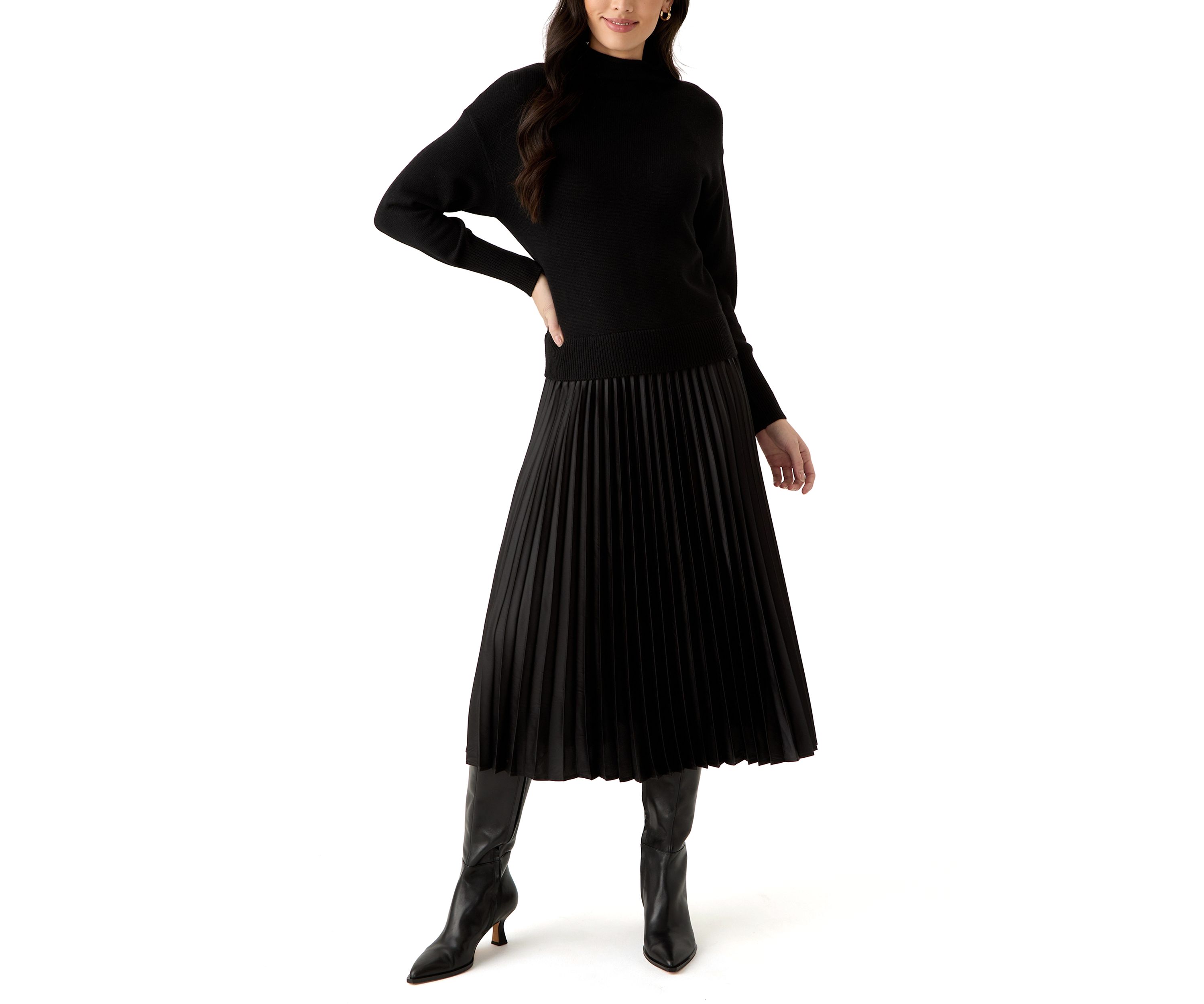 Womens Drop Shoulder Mock Neck Midi Sweater Dress