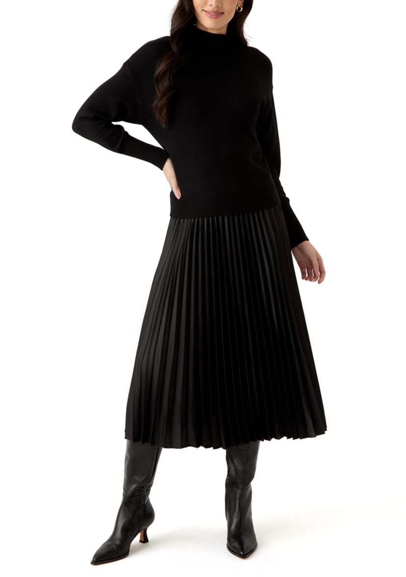 Womens Drop Shoulder Mock Neck Midi Sweater Dress