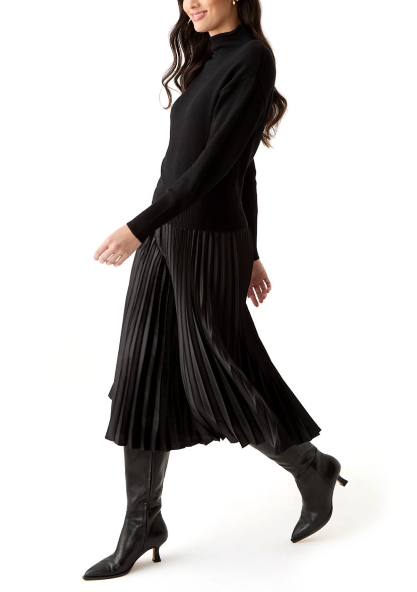 Womens Drop Shoulder Mock Neck Midi Sweater Dress