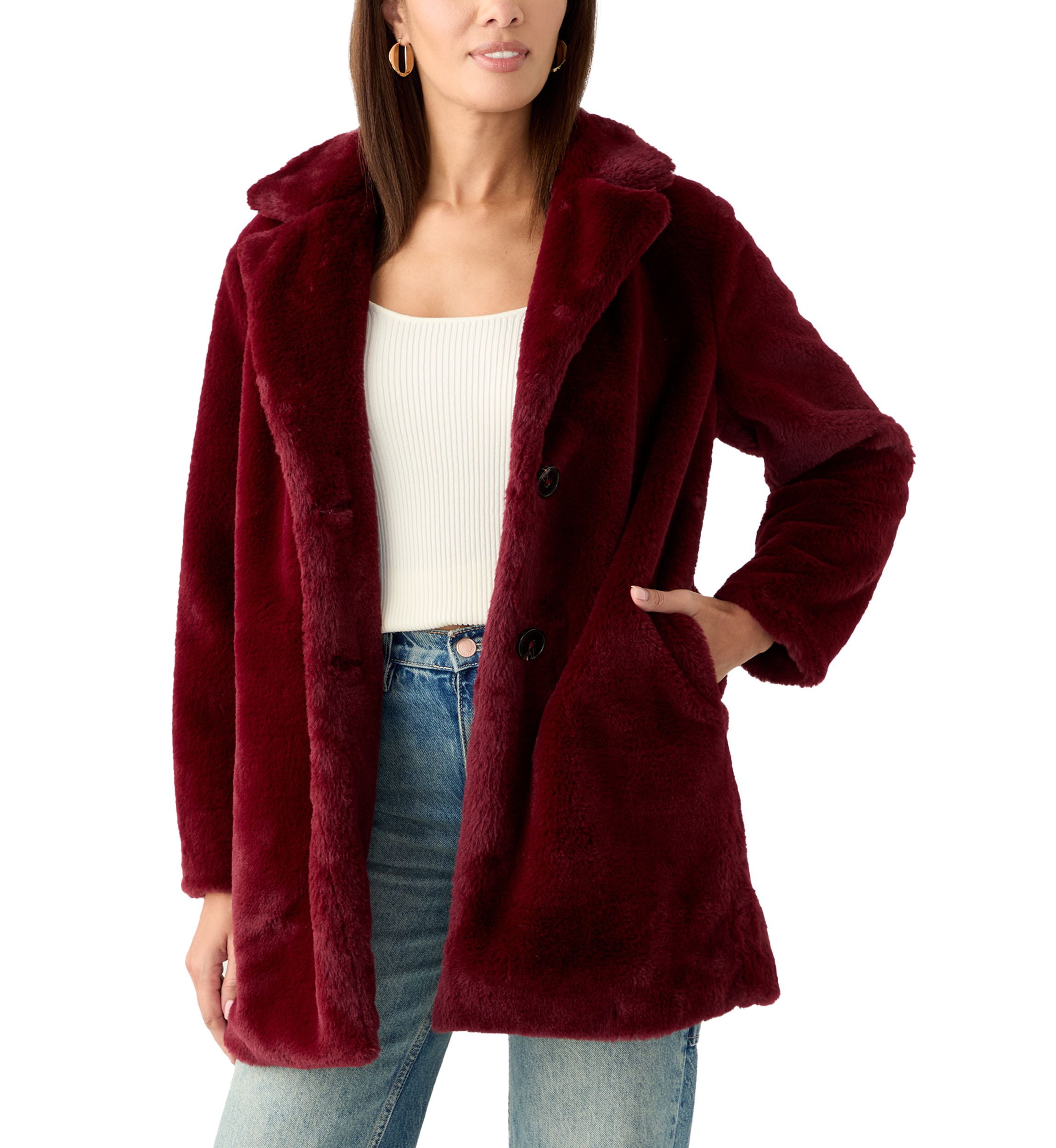 Womens Long Button Front Fur Jacket