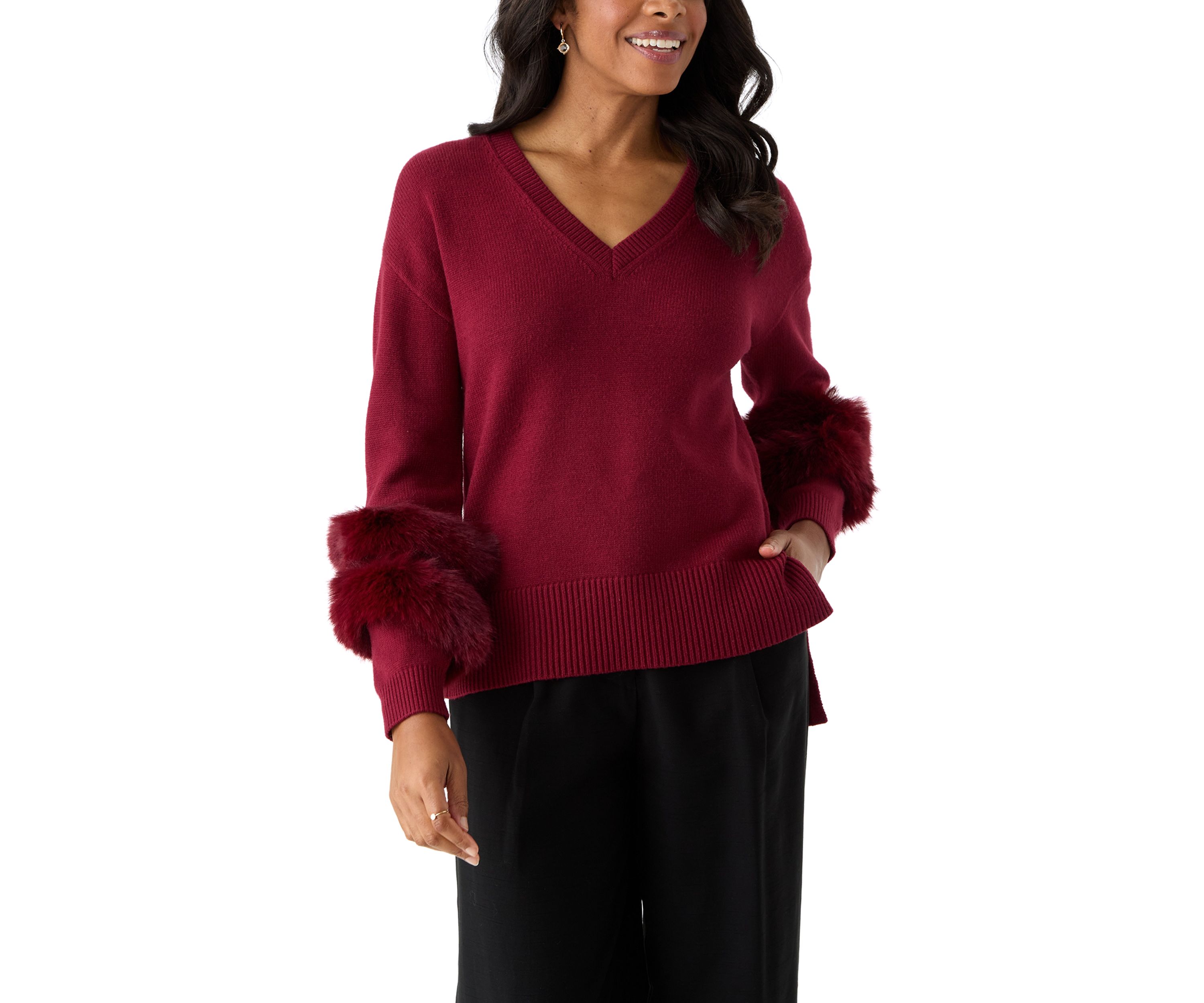 Long Sleeve V-Neck Fur Trim Sweater