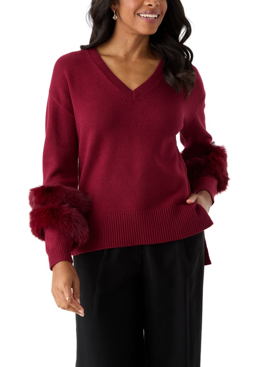 Long Sleeve V-Neck Fur Trim Sweater